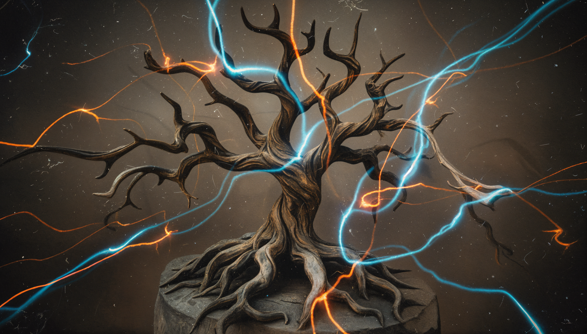Gnarled, leafless bonsai-like tree on rocky pedestal with twisting roots, surrounded by blue and orange lightning energy streaks against a dark backdrop — 4K Ultra HD PC Desktop Wallpaper and Background.