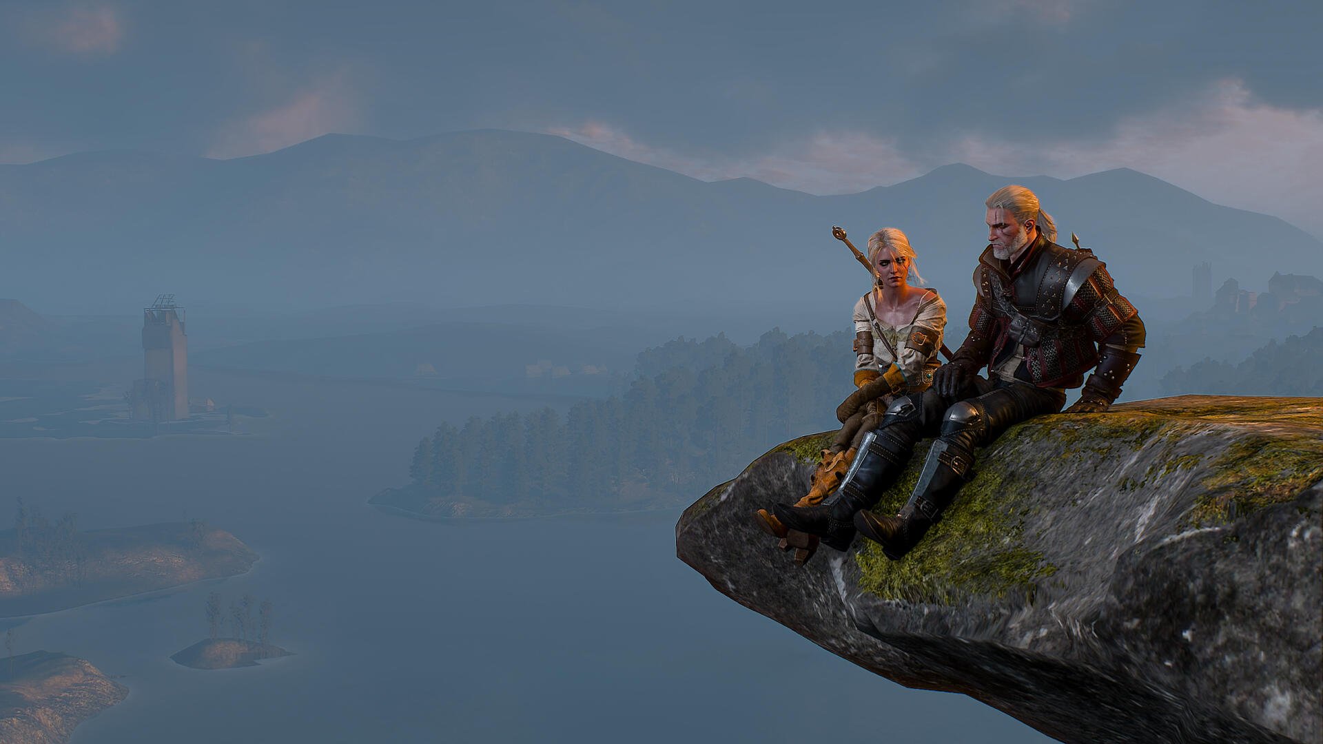 Geralt of Rivia from The Witcher 3: Wild Hunt sits on a mossy cliff with a companion, gazing over a misty sea — 2K Quad HD PC desktop wallpaper and background.