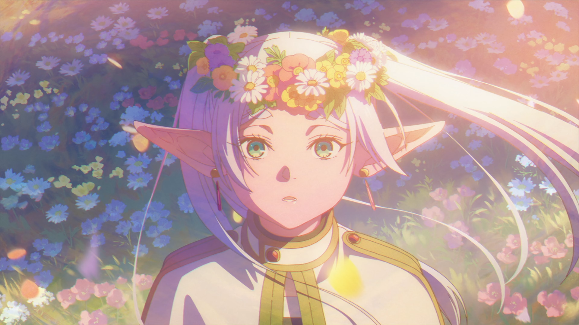 Anime HD PC wallpaper of Frieren (Frieren: Beyond Journey's End): elf-eared mage with purple hair and flower crown, gazing upward in a sunlit meadow of blossoms.