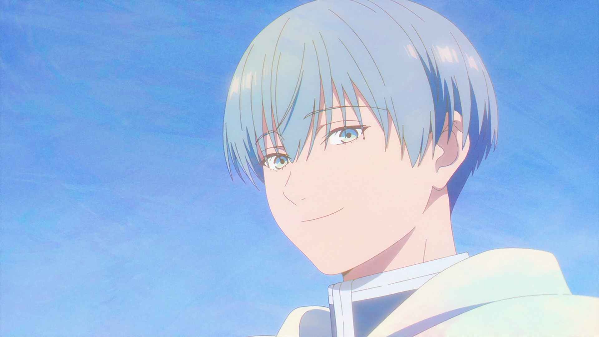 Himmel from Frieren: Beyond Journey's End, smiling with light blue hair against a bright blue sky — anime HD PC desktop wallpaper/background.