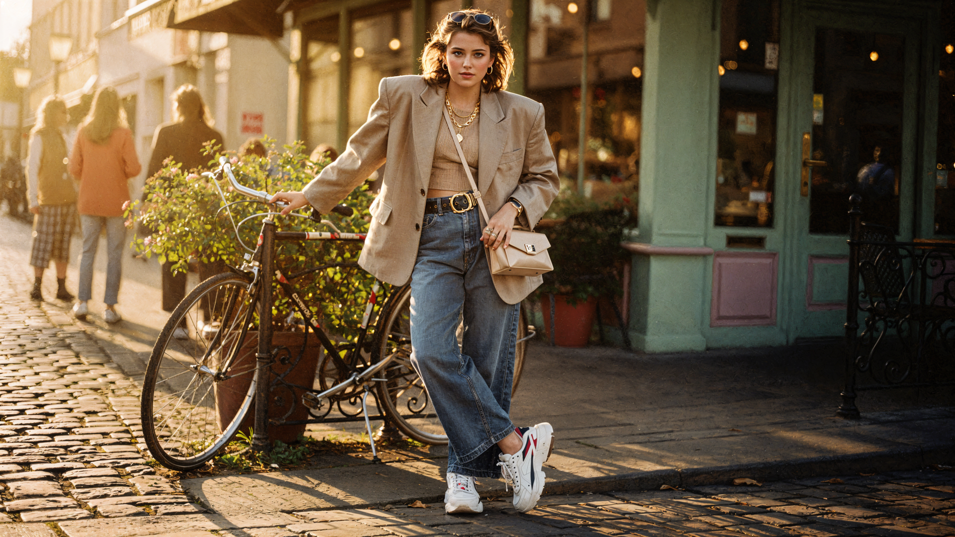 Young woman in trendy outfit leans on a bike outside a café at golden hour — 4K Ultra HD PC desktop wallpaper and background.