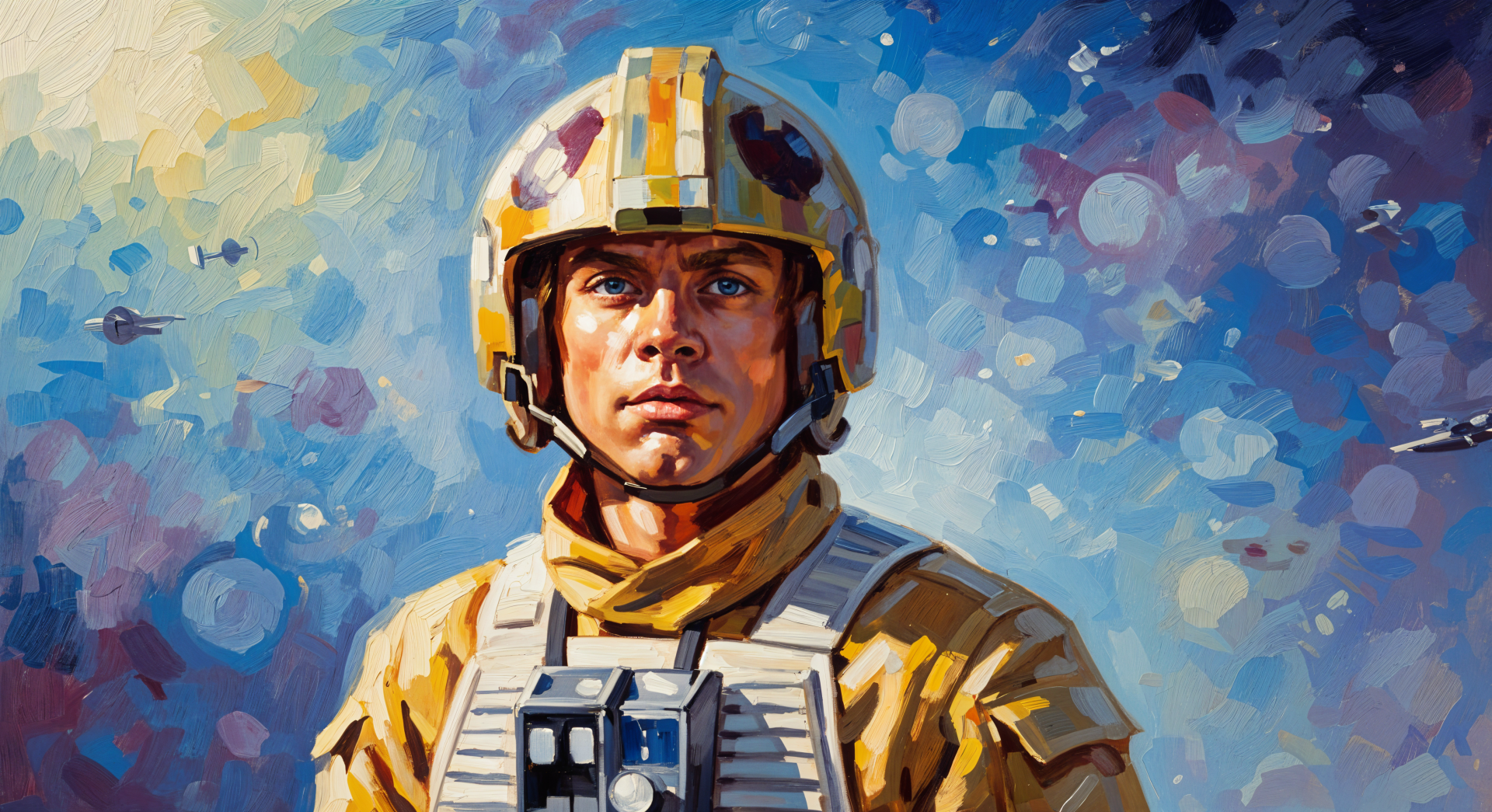 Painterly 4K Ultra HD PC desktop wallpaper of Luke Skywalker in X-wing pilot helmet and flight suit, colorful starfield brushstroke background.