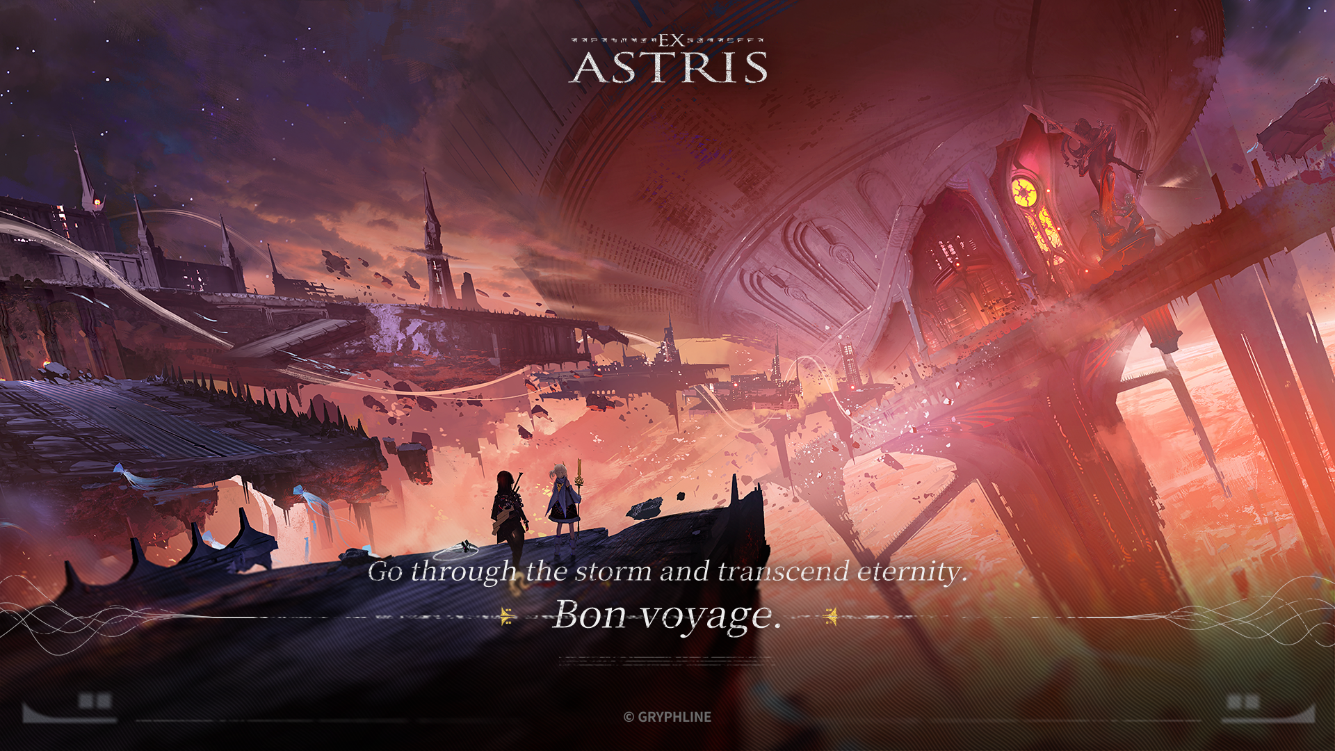 Ex Astris official HD PC desktop wallpaper/background: sweeping sci‑fi cityscape at sunset, travelers on a bridge, towering structures and stormy sky with caption Go through the storm...