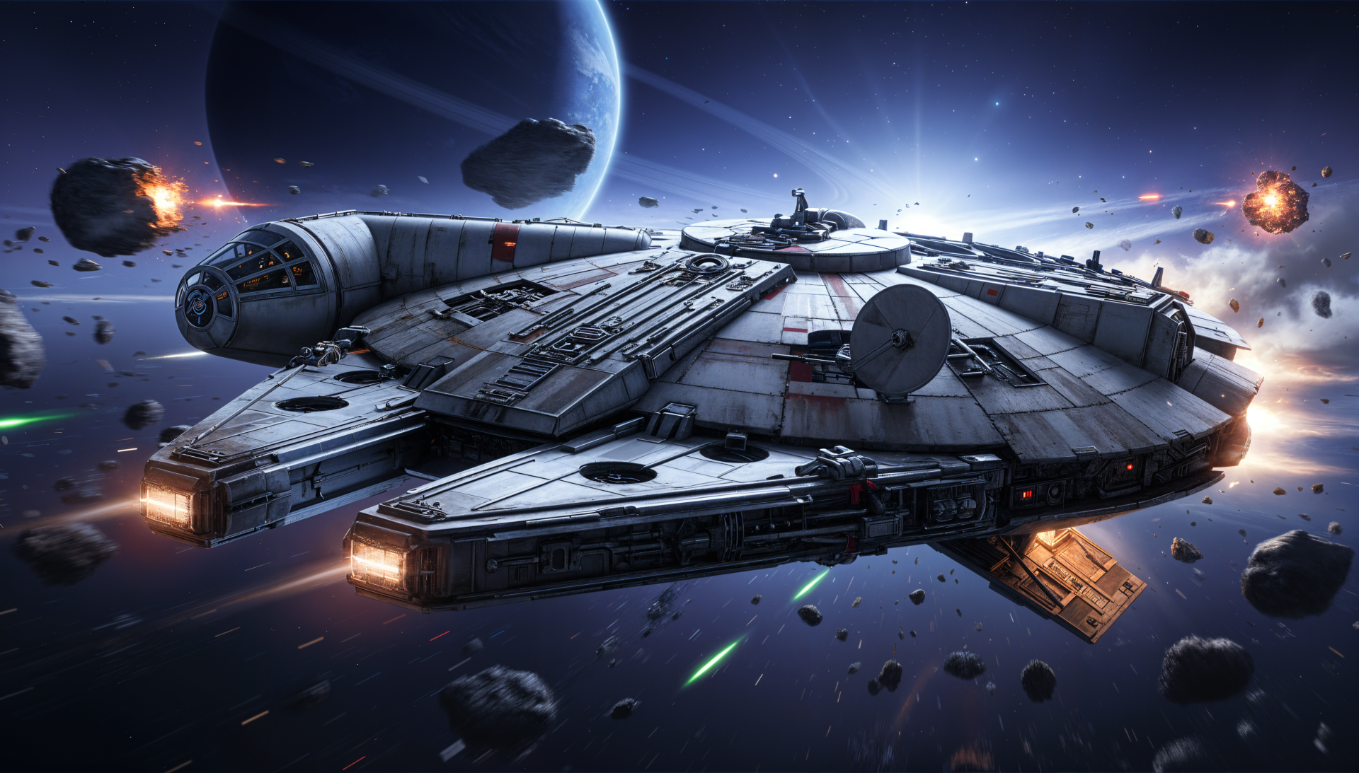 Millennium Falcon speeding through an asteroid field past a glowing planet, 4K Ultra HD PC desktop wallpaper and background.