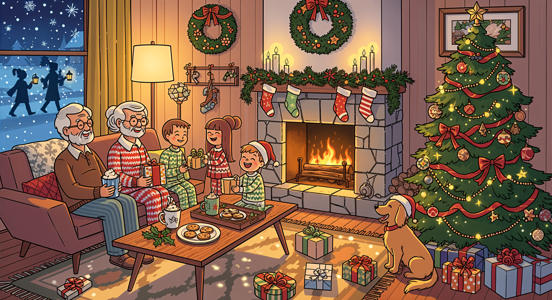 Family in matching pajamas by a roaring fireplace, Christmas tree, gifts and dog, snowy night — holiday spirit in 4K Ultra HD PC Desktop wallpaper background.