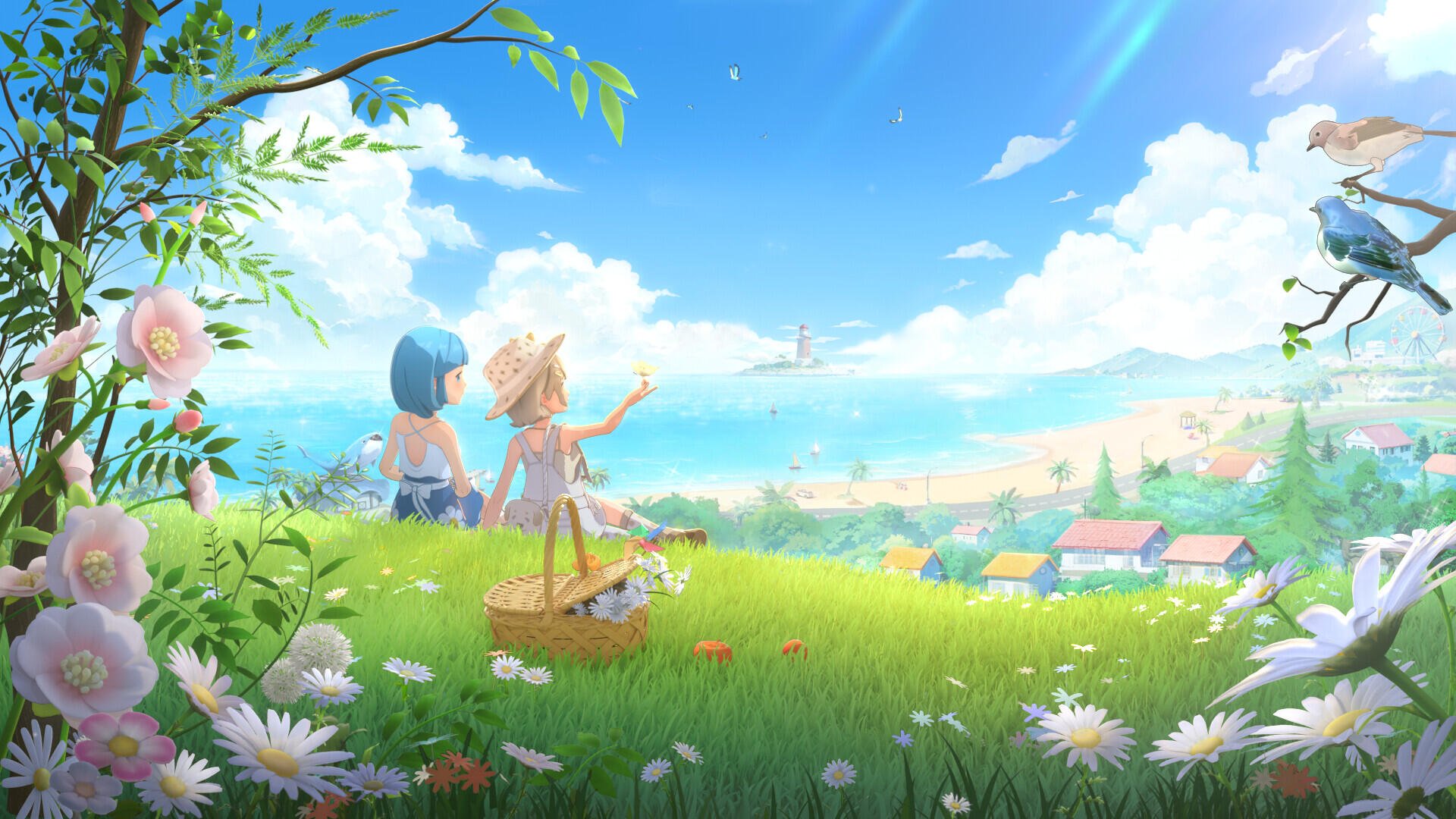 HD PC desktop wallpaper for the video game Starsand Island: two characters on a grassy hill with a picnic basket, gazing at a sunlit beach, seaside village, and distant lighthouse.