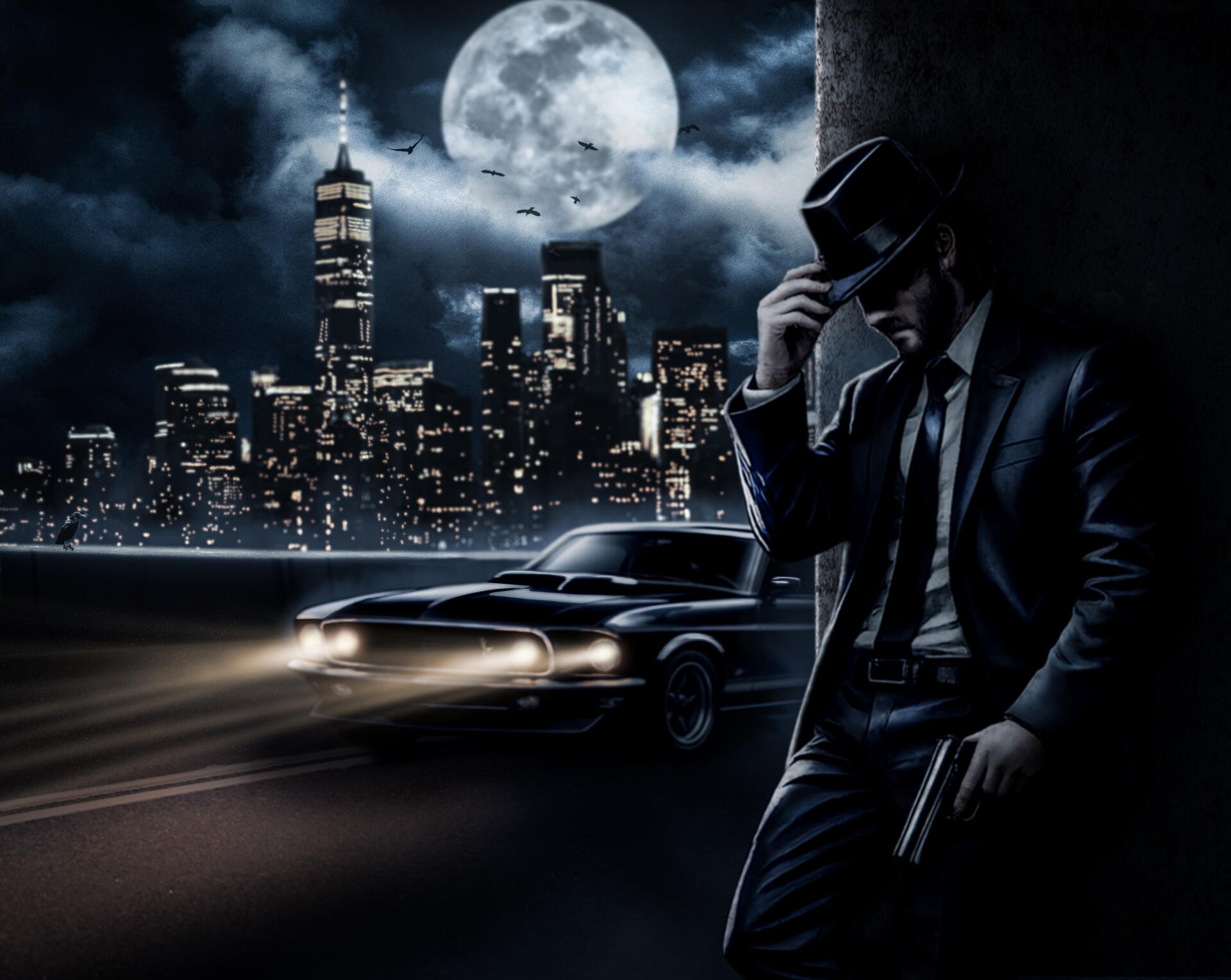 John Wick 5K Ultra HD PC desktop wallpaper/background: lone suited assassin tipping his hat beside a sleek car under a moonlit city skyline.