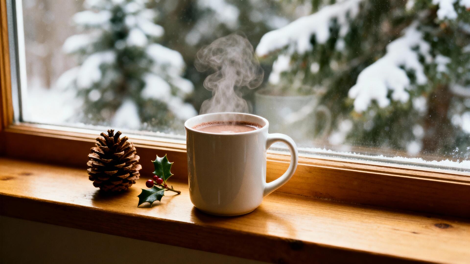 Minimalist holiday 4K Ultra HD PC desktop wallpaper/background — steaming mug on a wooden windowsill with pinecone, holly and snowy evergreens outside