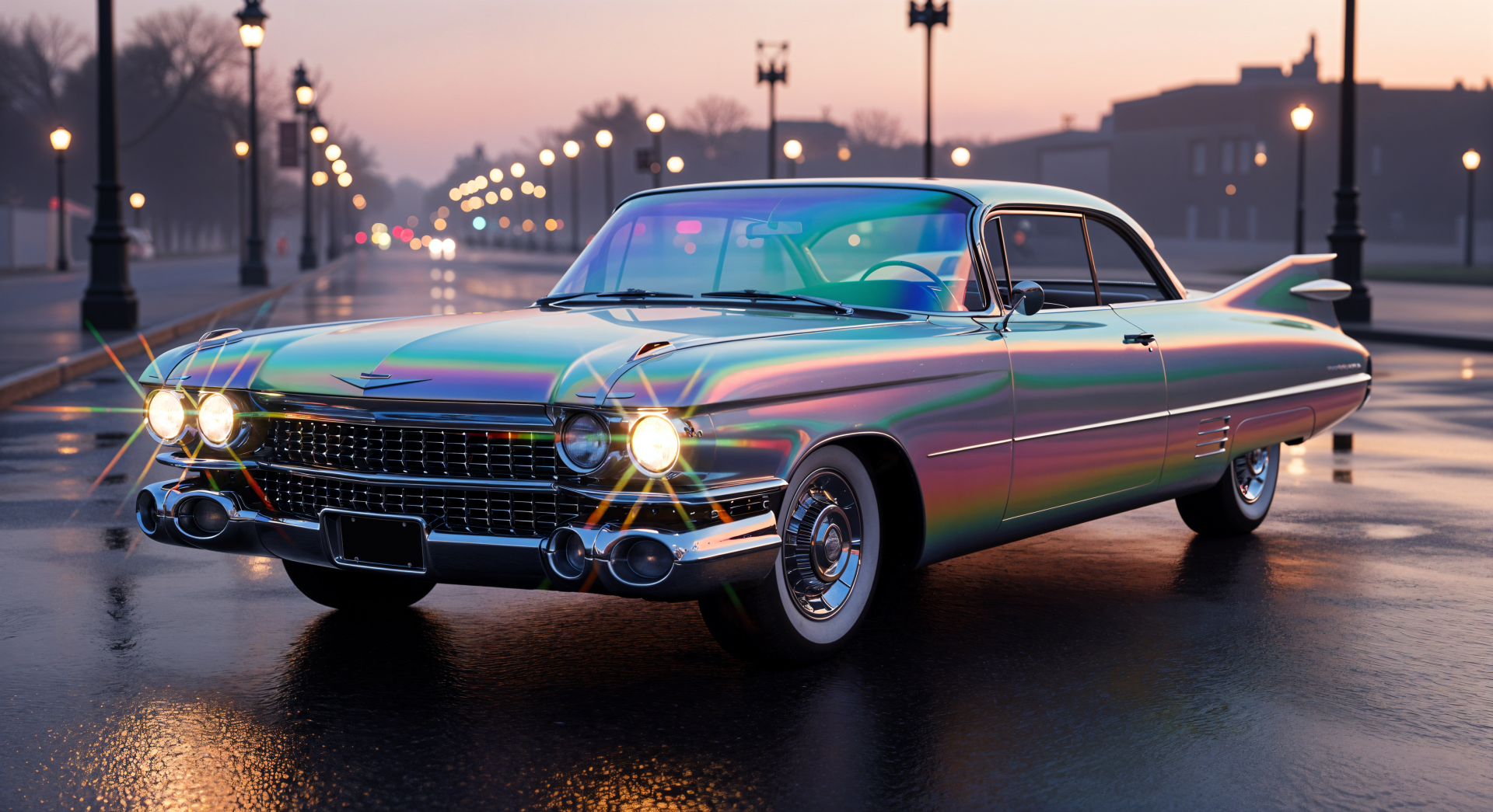 Classic Cadillac parked on a wet city street at dusk, glowing headlights and neon reflections — 4K Ultra HD PC desktop wallpaper and background.