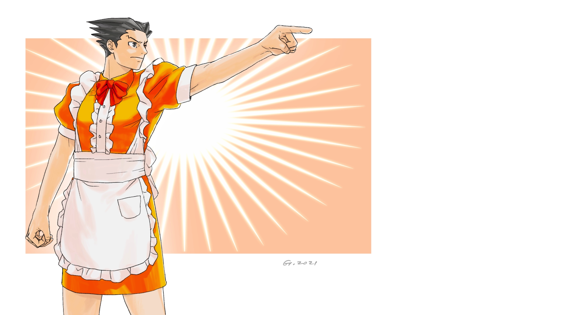 Manga-style Phoenix Wright (Ace Attorney) anime boy in orange maid outfit pointing amid a sunburst — 2K Quad HD PC desktop wallpaper/background.