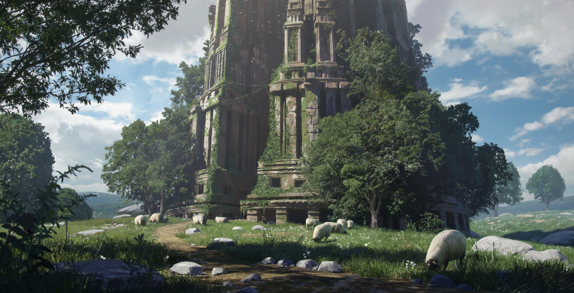 2K Quad HD PC desktop wallpaper and background: a lush nature scene with a moss-covered ruin, abundant plants and grazing sheep on a sunlit meadow.