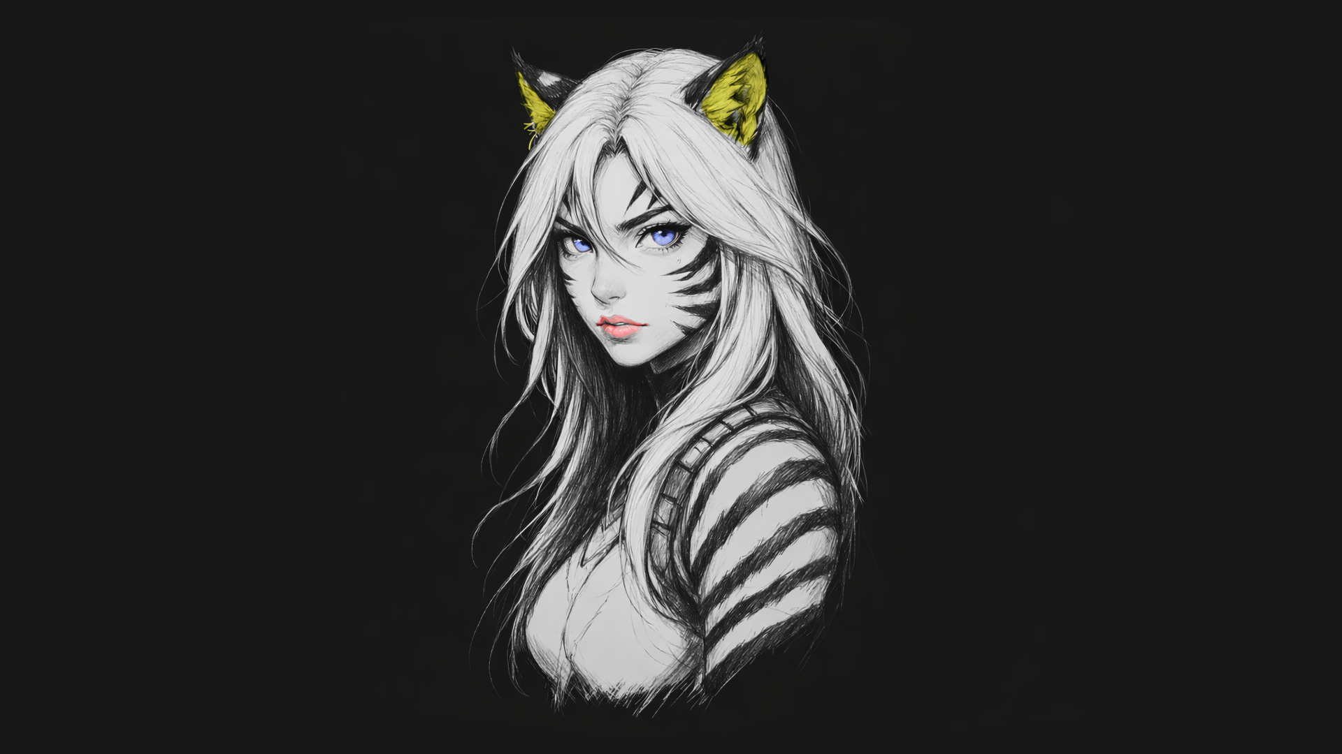 HD PC desktop wallpaper and background: stylized fox girl — white-haired woman with fox ears, blue eyes, and striped shoulder markings on a dark backdrop.
