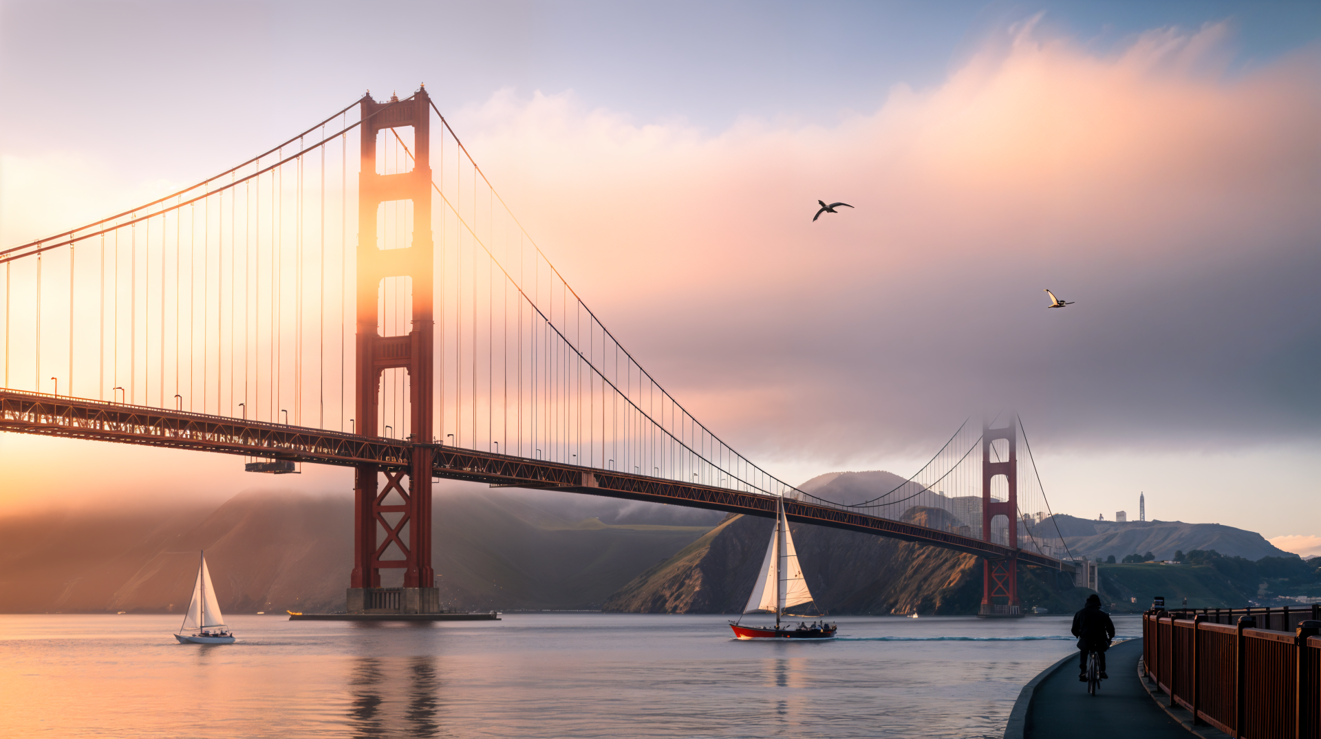 4K Ultra HD PC desktop wallpaper of the Golden Gate Bridge at sunrise, sailboats on calm water, soft pastel sky and a lone walker on the waterfront.