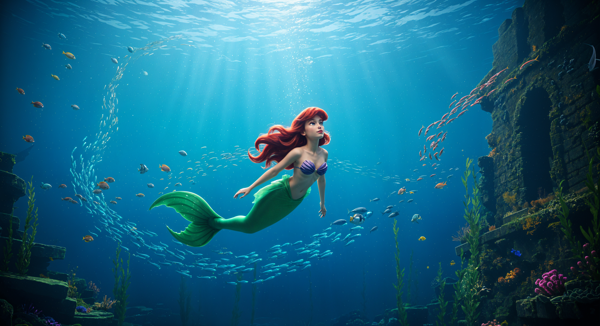 The Little Mermaid swims through sunlit blue waters among coral and fish — 4K Ultra HD PC desktop wallpaper/background.