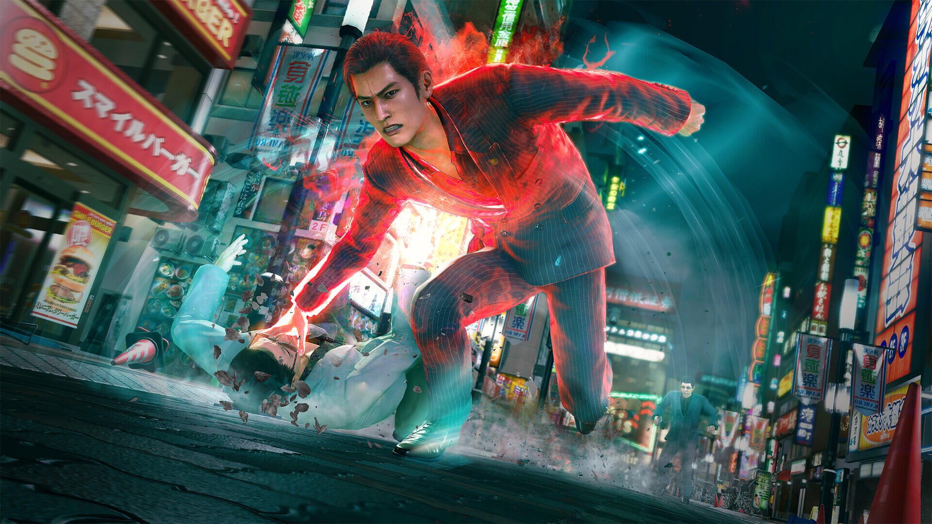 Video game HD PC desktop wallpaper — Yakuza Kiwami 3 & Dark Ties: red-imbued protagonist dashes through neon-lit Tokyo, leaving a swirling energy trail and cracked pavement.