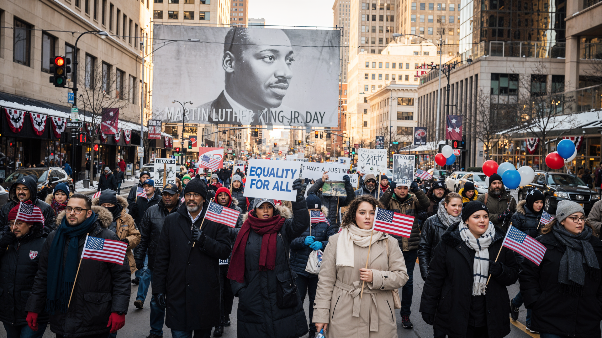 Crowd marching in a city for Martin Luther King Jr. Day, holding flags and signs before a large mural, 4K Ultra HD PC desktop wallpaper and background.