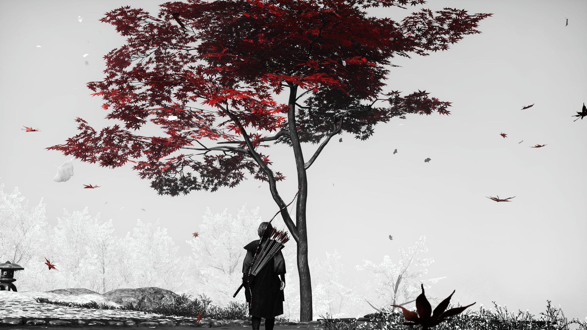 4K Ultra HD Action-Adventure Ghost of Tsushima PC desktop wallpaper/background: lone samurai beneath a crimson maple, fall leaves drifting across a stark monochrome landscape.