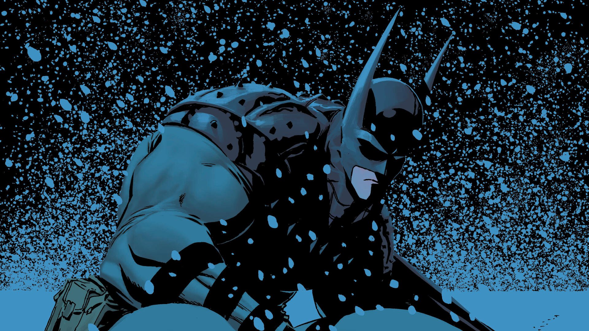 Absolute Batman artwork: muscular Batman crouched in a snowy night, blue-black textured background — DC Comics 4K Ultra HD PC desktop wallpaper.