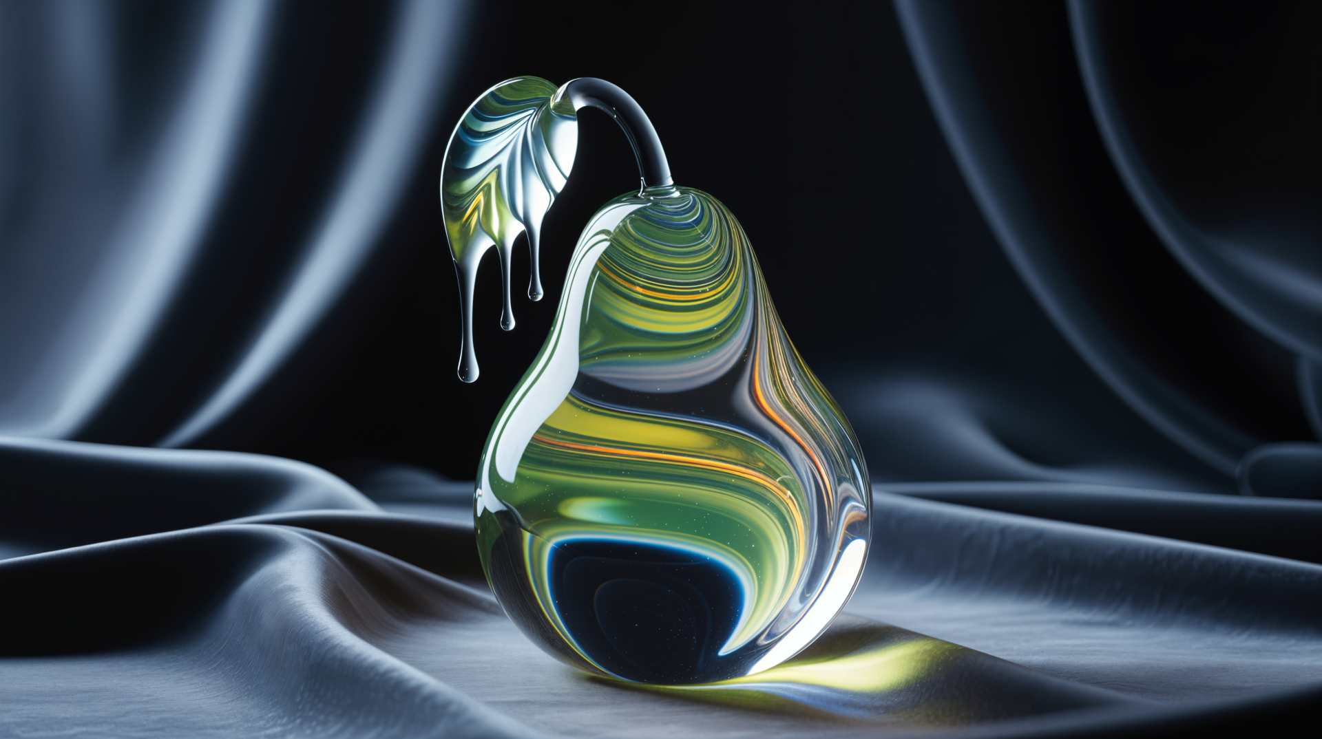 Glass pear with green-yellow swirls resting on dark satin folds — 4K Ultra HD PC desktop wallpaper and background.