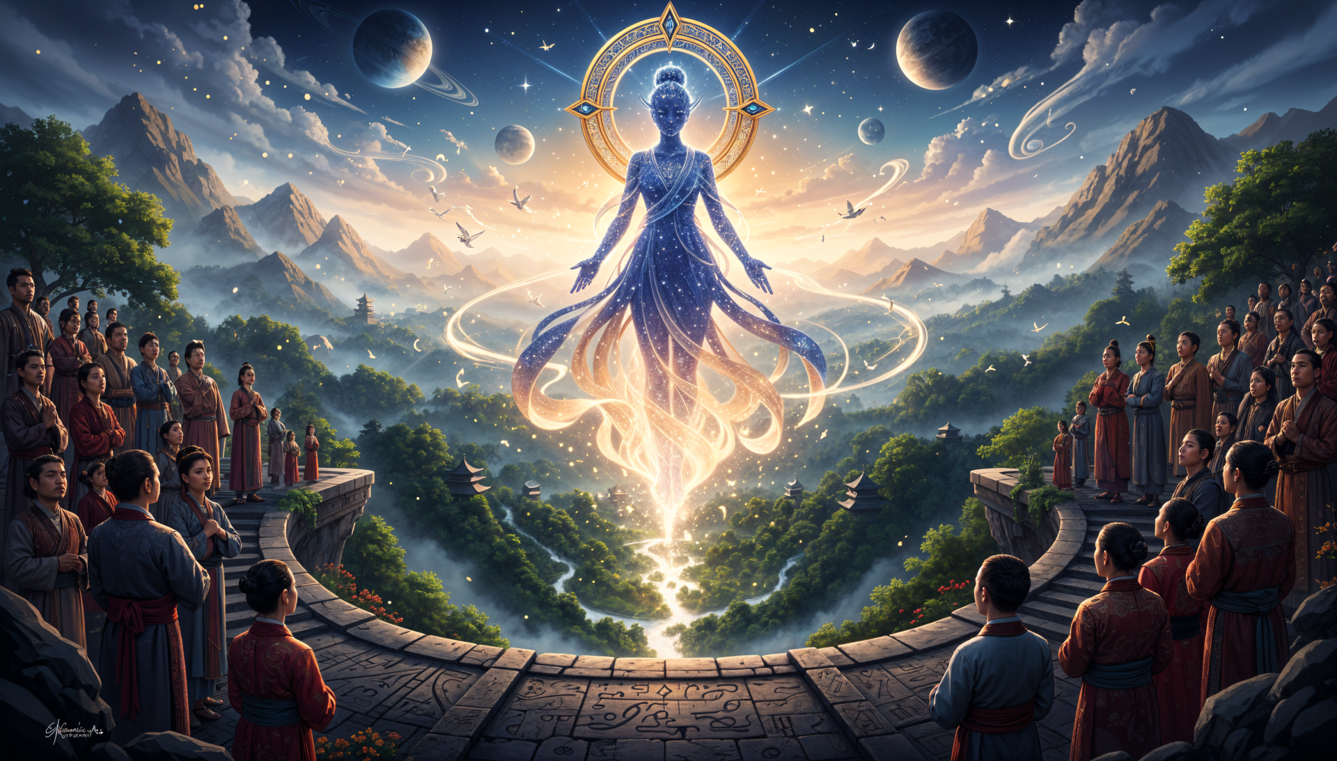 4K Ultra HD PC desktop wallpaper: luminous godlike figure levitating above a valley, haloed and radiant, surrounded by mountains, moons and bowing figures on temple terraces.