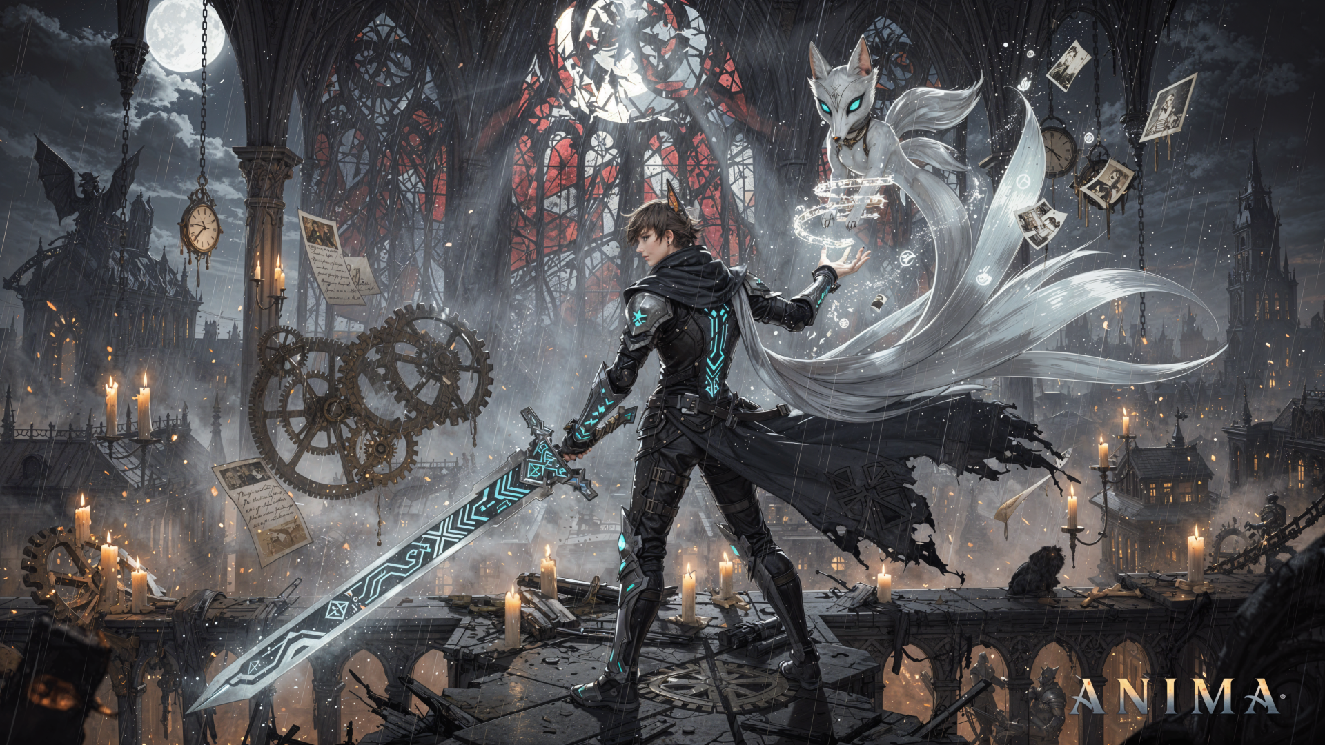 4K Ultra HD PC desktop wallpaper/background: armored swordsman with glowing blade and spectral fox in a candlelit gothic cathedral ruin, floating gears, playing cards and ravens.