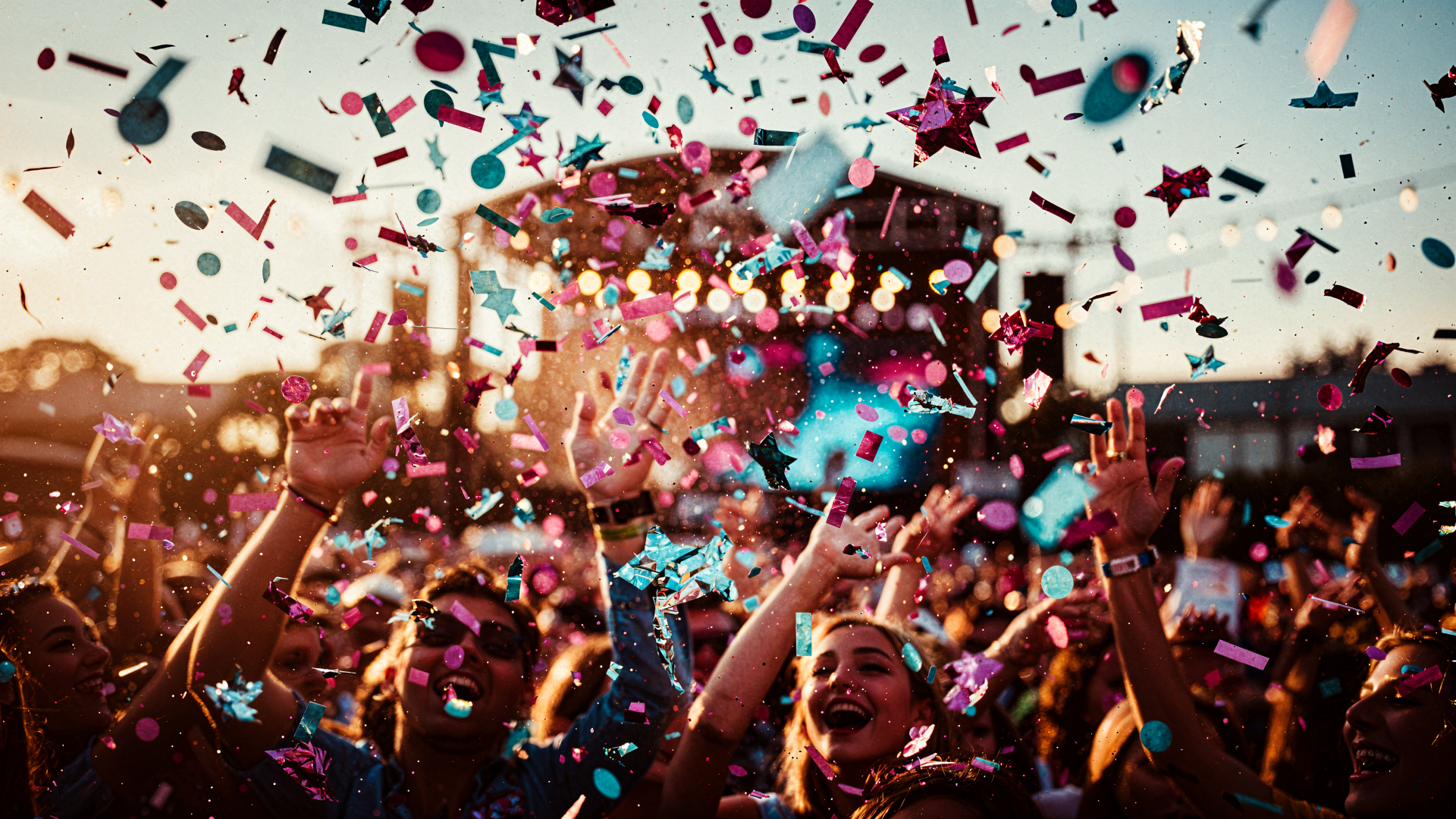 Vibrant 4K Ultra HD PC desktop wallpaper showing a cheering crowd at an outdoor concert with colorful confetti falling, hands raised, warm sunset lighting.