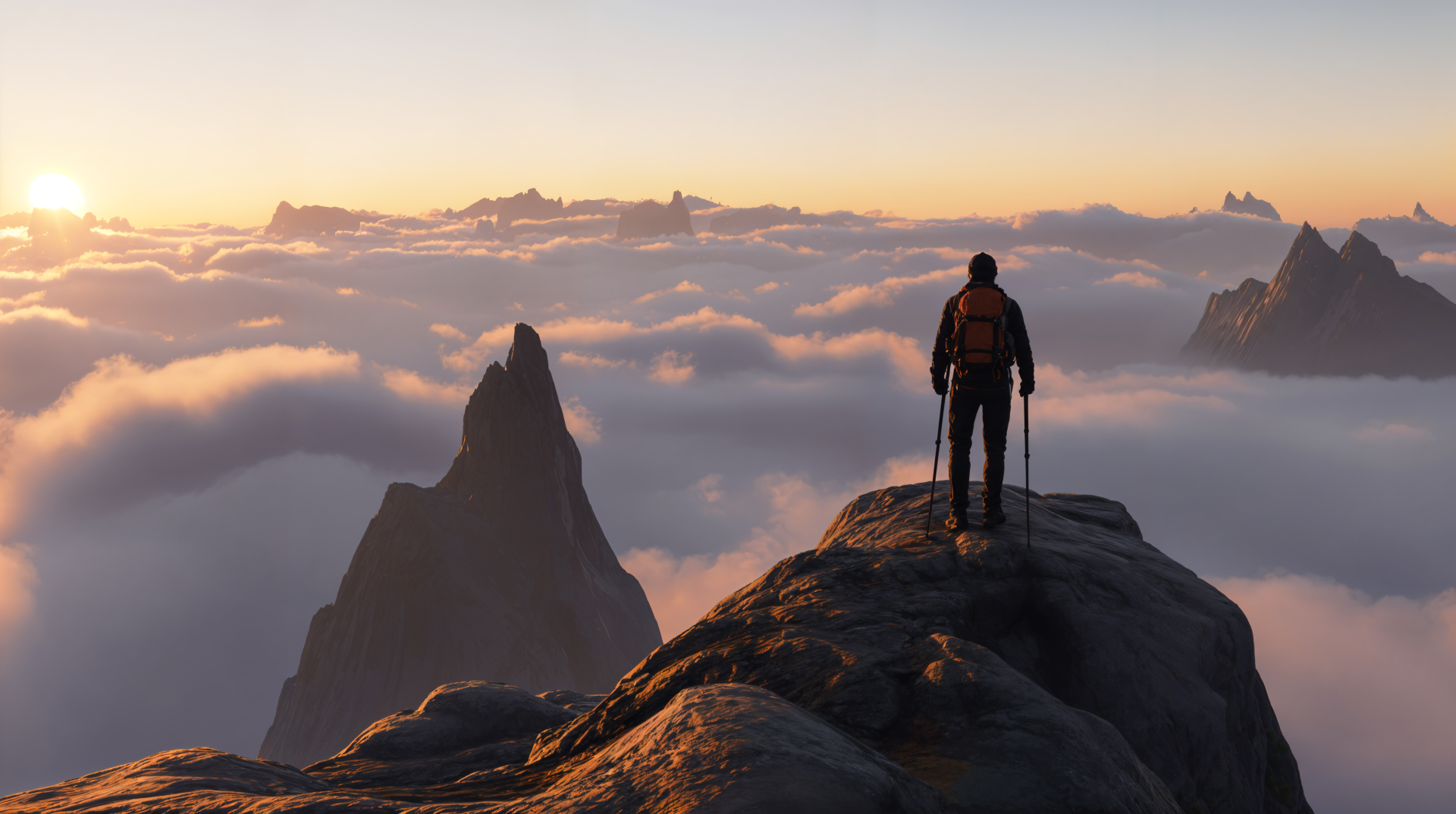 Silhouette of a lone hiker on a rocky peak above cloud-filled valleys at sunrise — 4K Ultra HD PC desktop wallpaper and background.