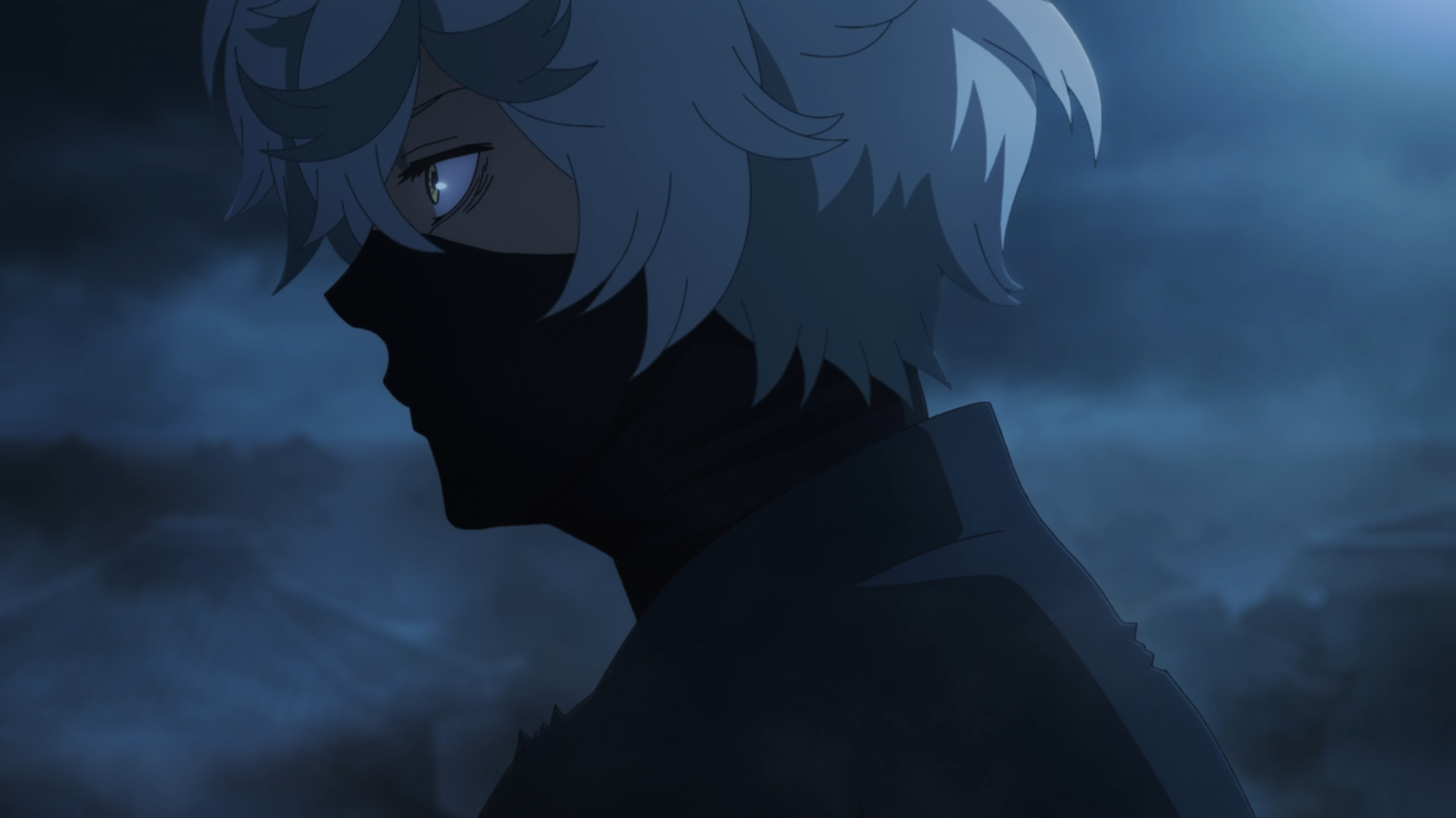 Anime HD PC desktop wallpaper background showing a moody profile of Gabimaru (Hell's Paradise) silhouetted against a stormy blue night.