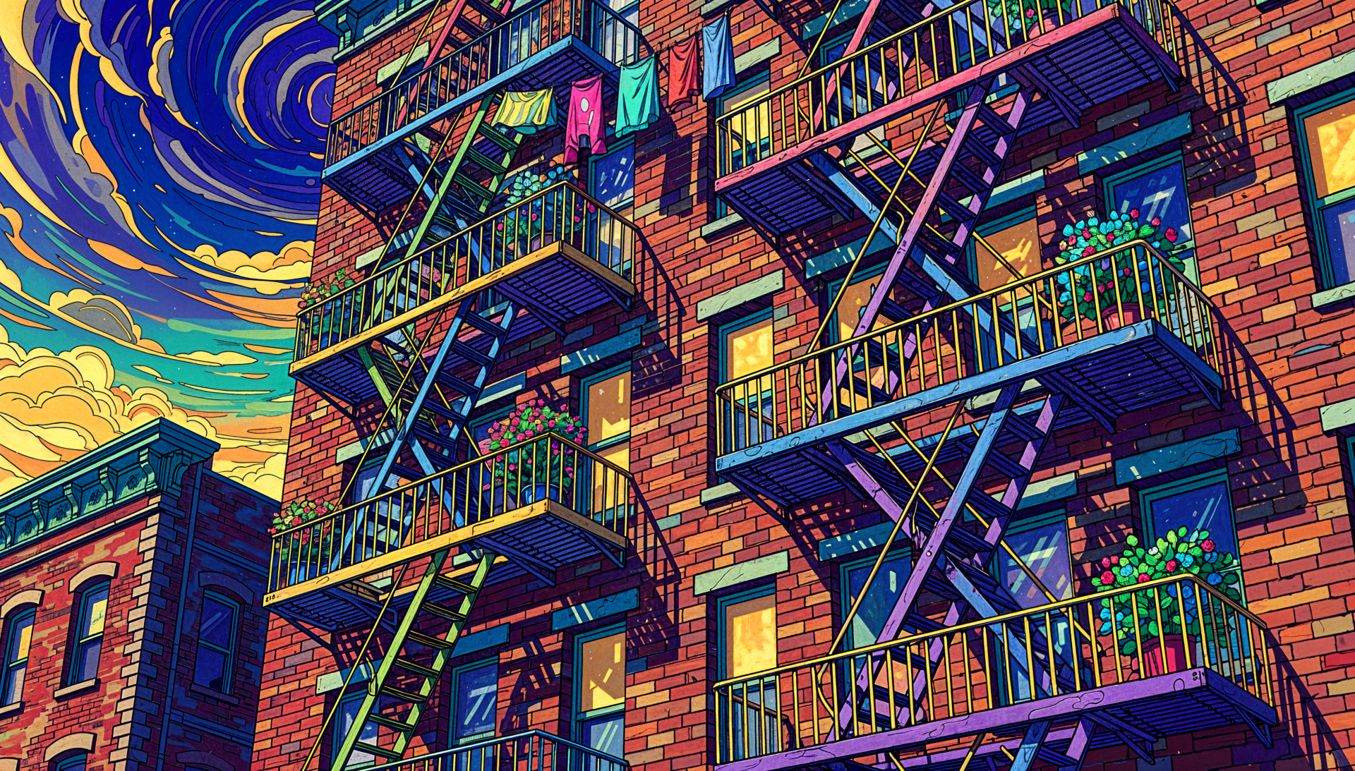 Vibrant 4K Ultra HD PC desktop wallpaper and background: stylized brick apartment façade with colorful fire escapes, potted plants and a swirling, vivid sunset sky.