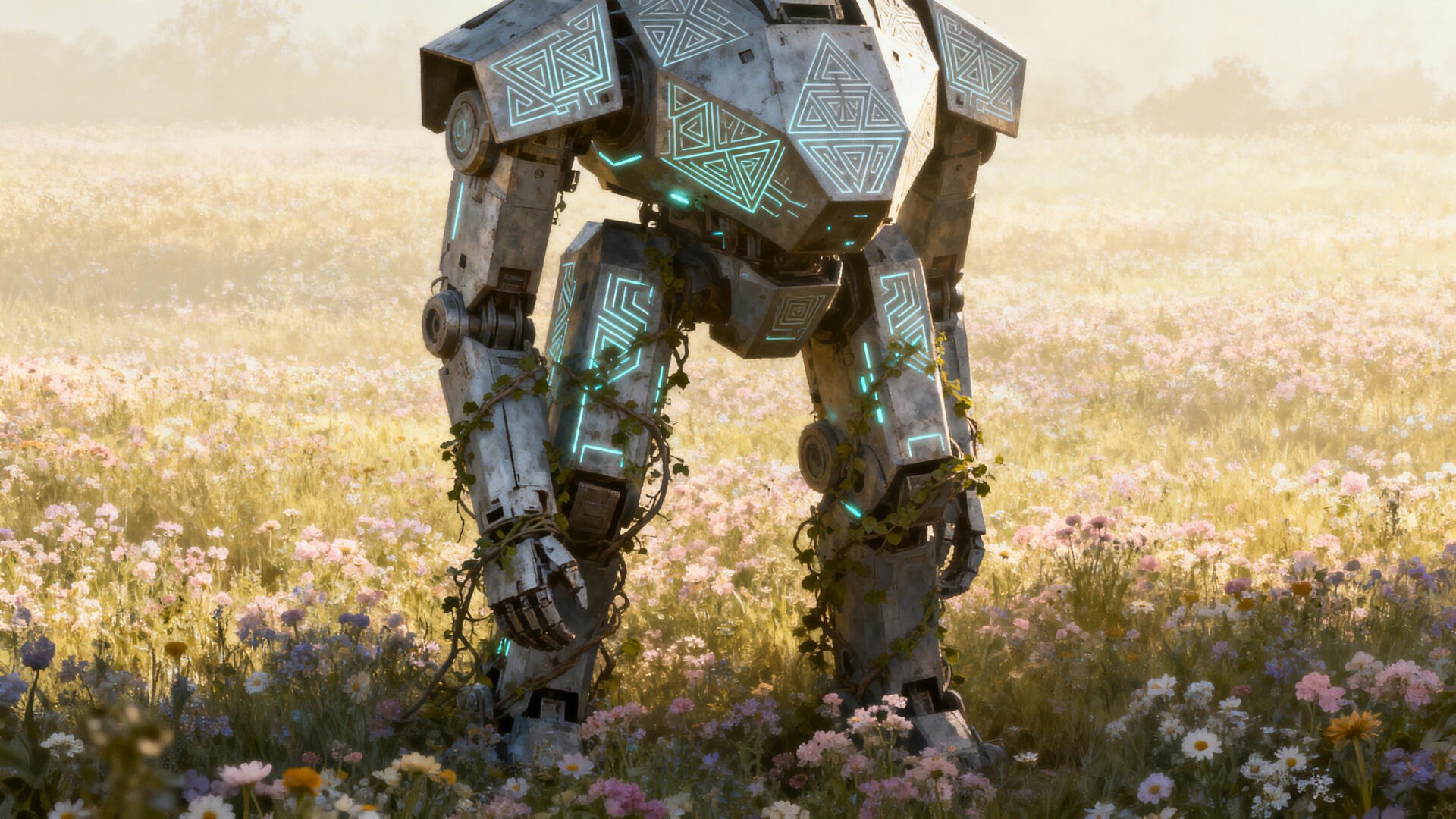 4K Ultra HD PC desktop wallpaper and background: moss-covered bipedal robot with glowing teal circuit patterns standing in a sunlit wildflower meadow.