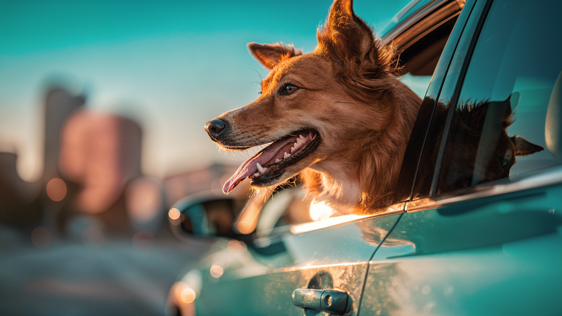 4K Ultra HD PC desktop wallpaper and background — joyful dog leaning from a car window, tongue out, warm sunset light and blurred city skyline.