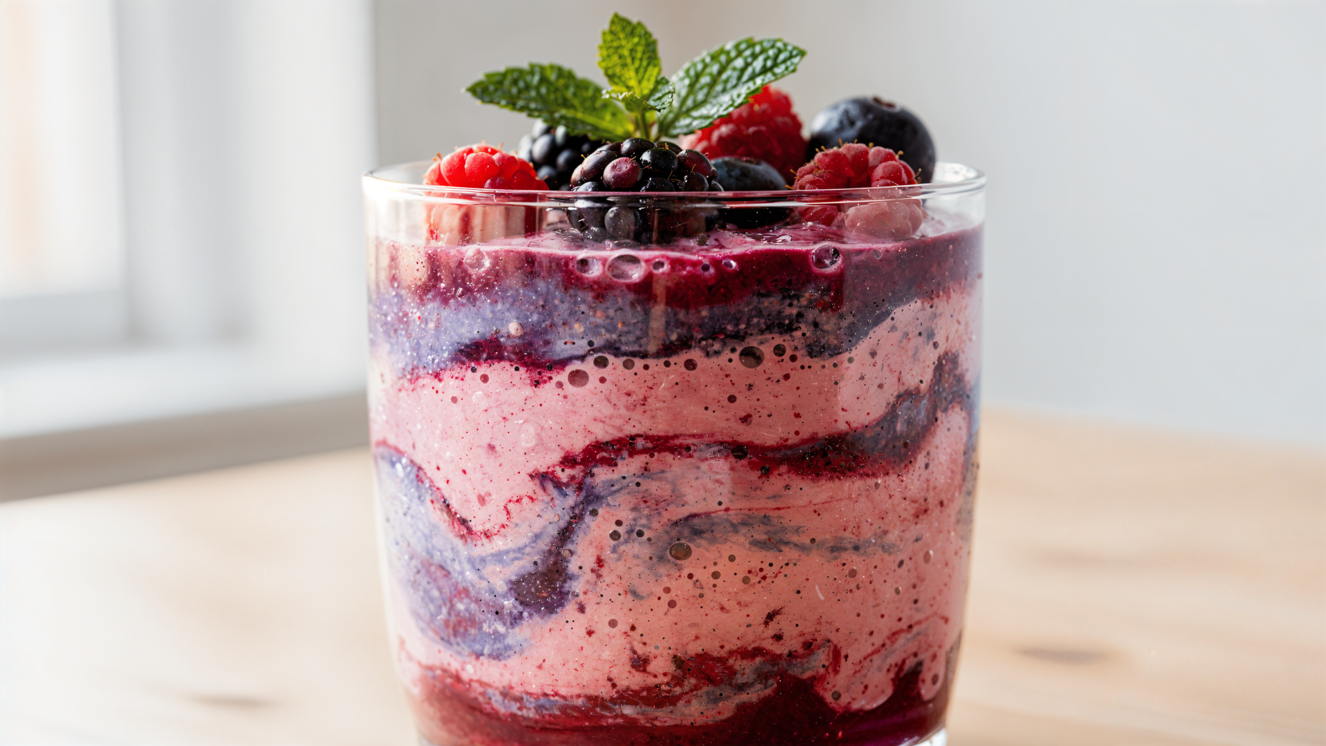 Close-up 4K Ultra HD desktop wallpaper of a layered berry smoothie in a glass, swirls of pink and purple topped with raspberries, blackberries and mint on a soft neutral background.