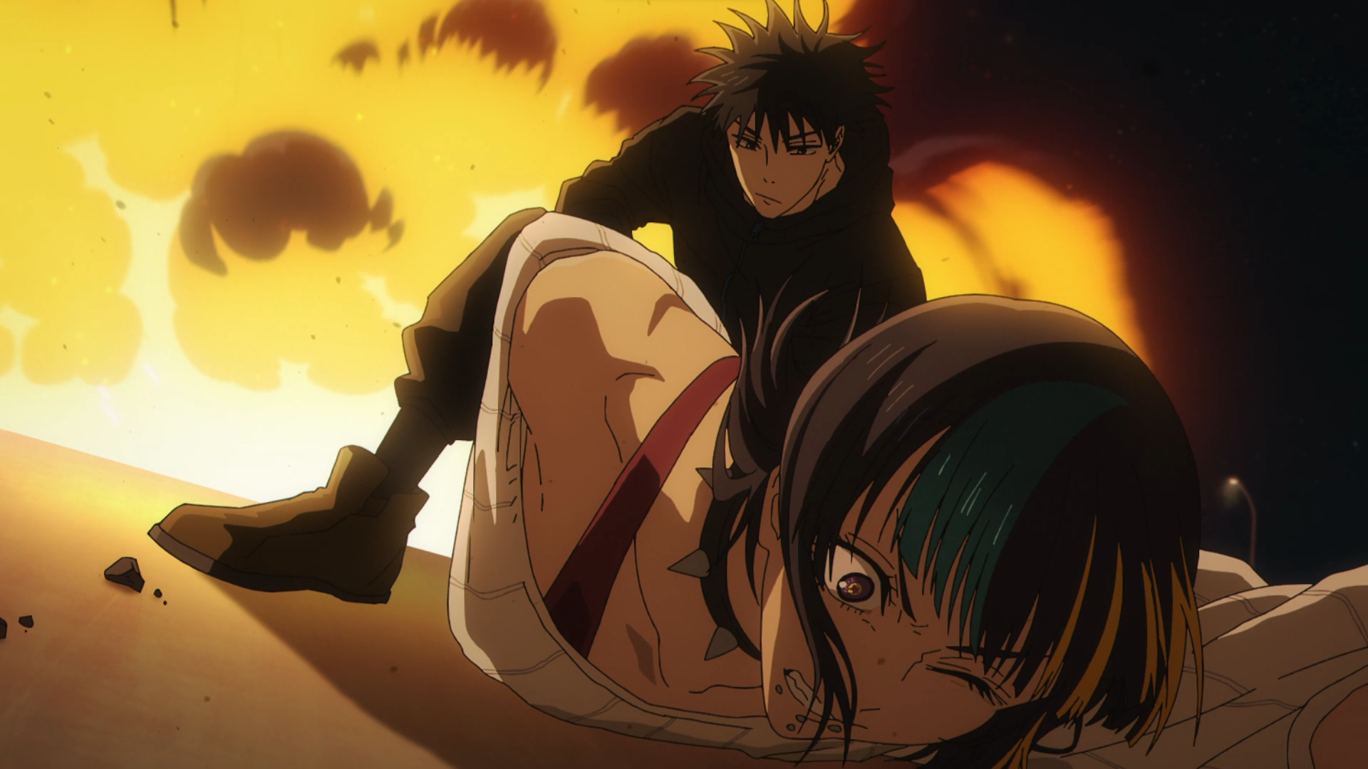 HD PC wallpaper from Jujutsu Kaisen 3rd Season: Megumi Fushiguro looms over injured Kirara Hoshi with a fiery orange explosion illuminating the background.