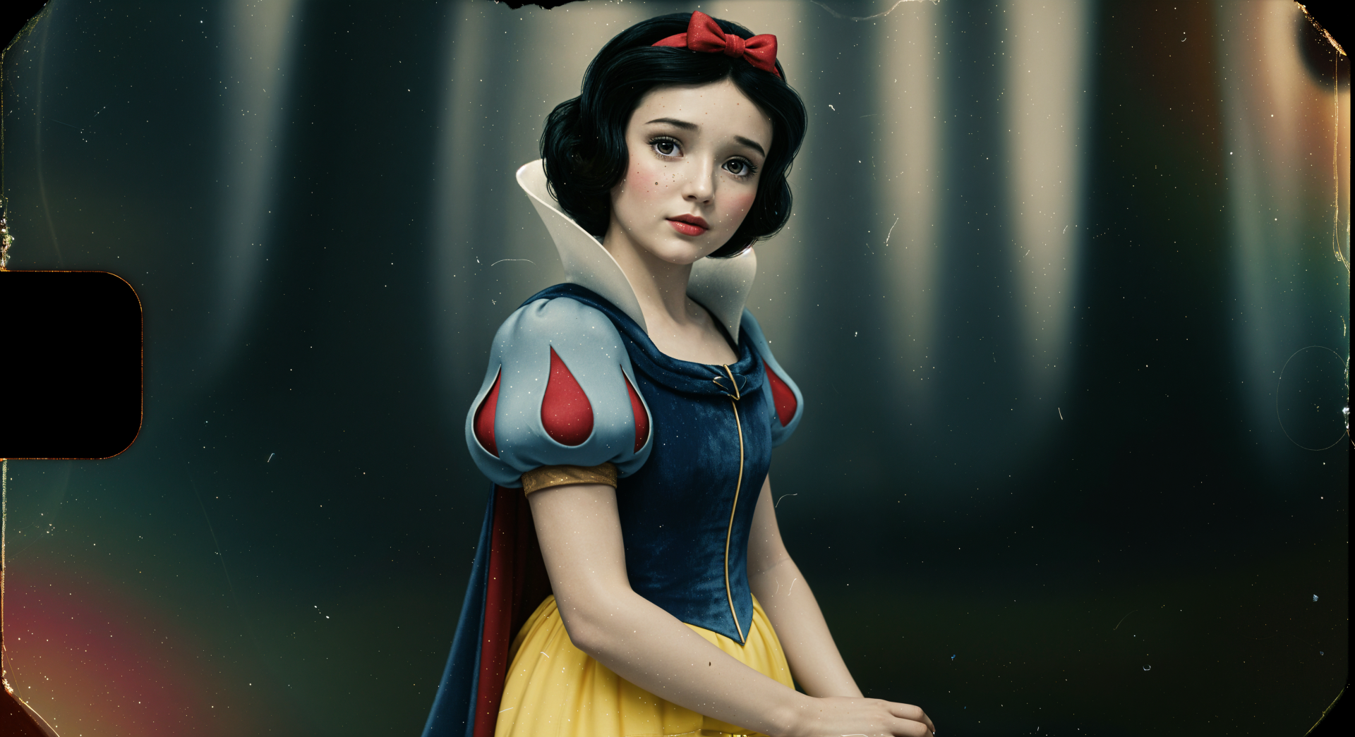 Snow White 4K Ultra HD PC desktop wallpaper: solemn portrait in classic blue, yellow and red dress, red bow in short black hair, pale skin against a soft dark forest bokeh background.