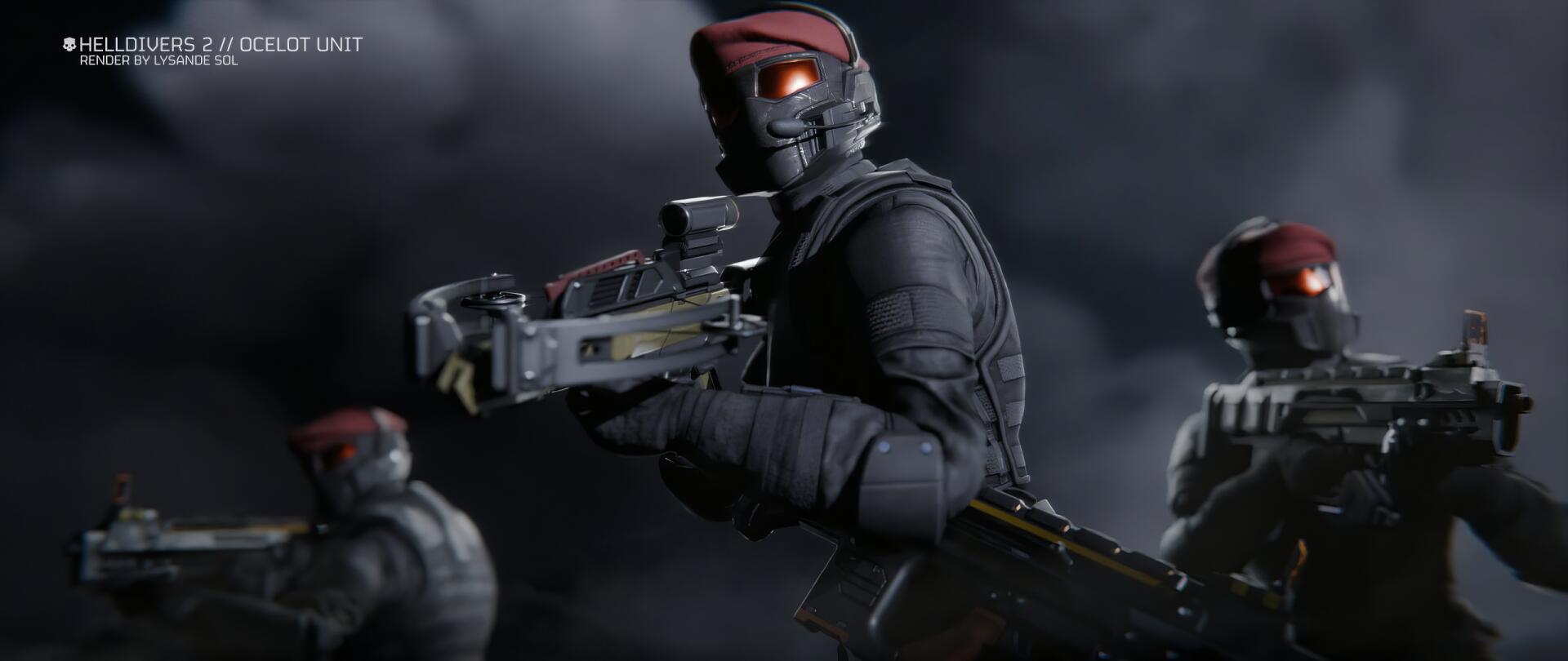 TPS Helldivers 2 HD PC desktop wallpaper: armored Helldiver soldiers with red berets and glowing visors brandish futuristic rifles against a smoky battlefield background.