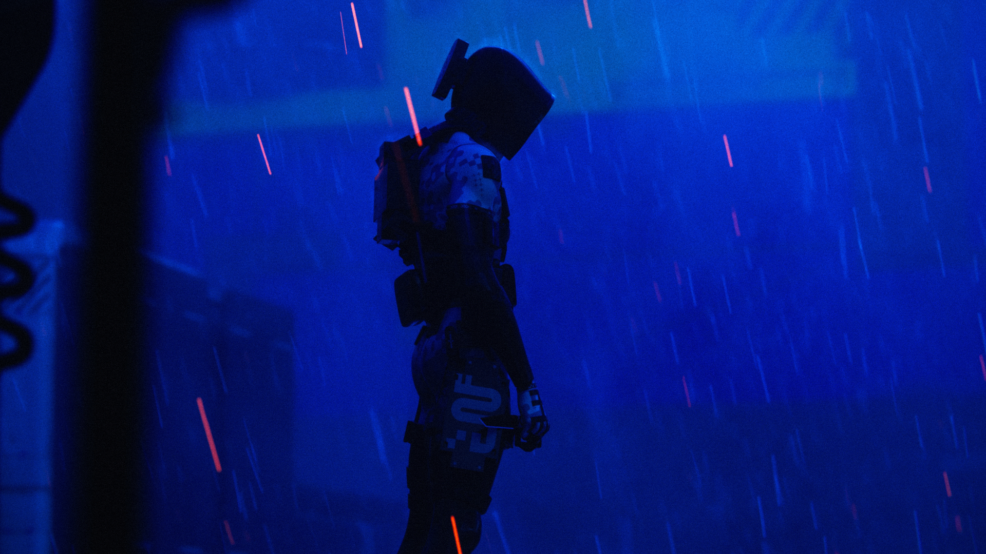 Solitary armored figure silhouetted in blue rain with red sparks — Marathon (video game) 4K Ultra HD PC desktop wallpaper.