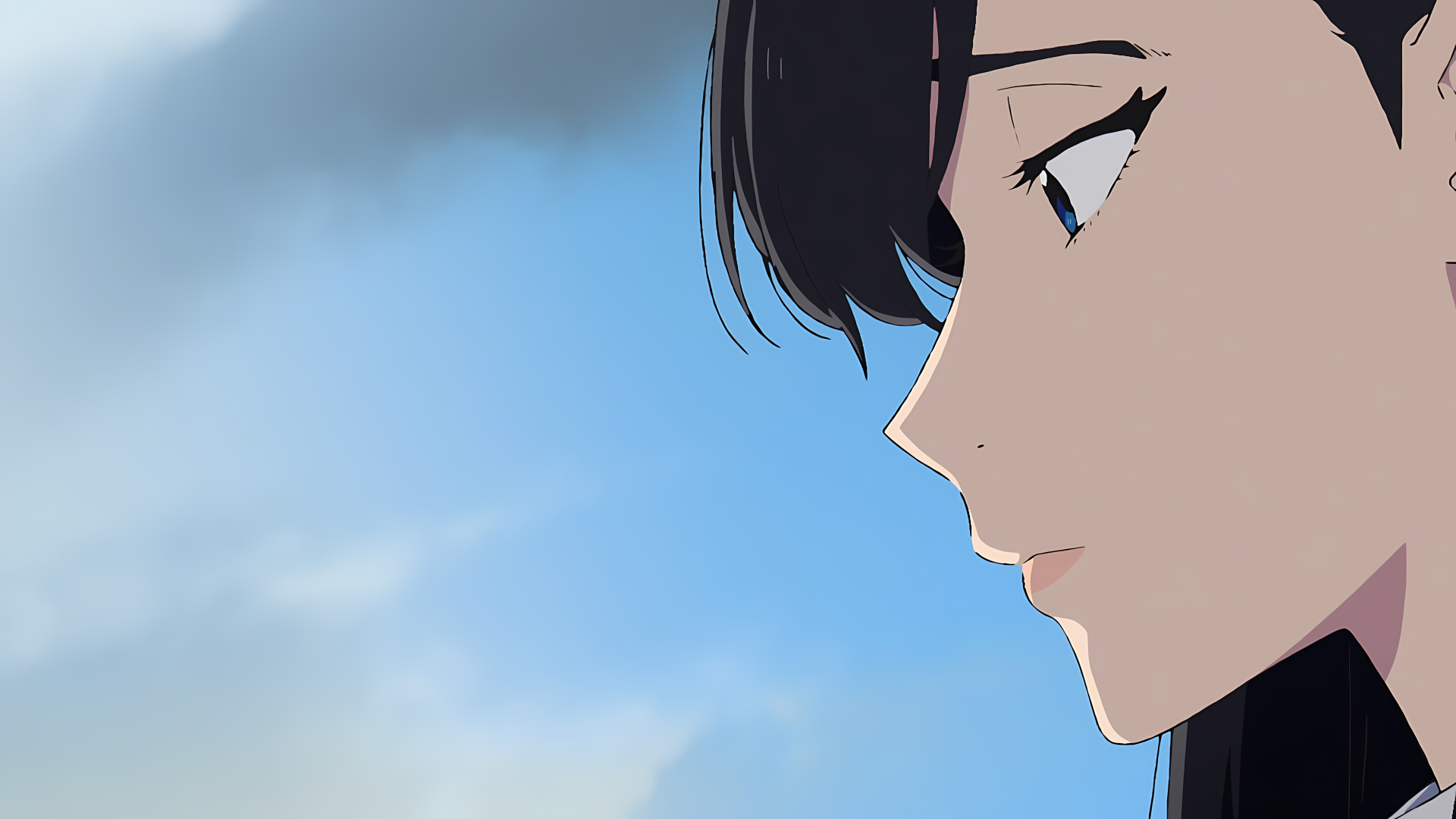 Close-up profile of Noel Niihashi from Burn the Witch against a soft blue sky, anime 4K Ultra HD PC desktop wallpaper.