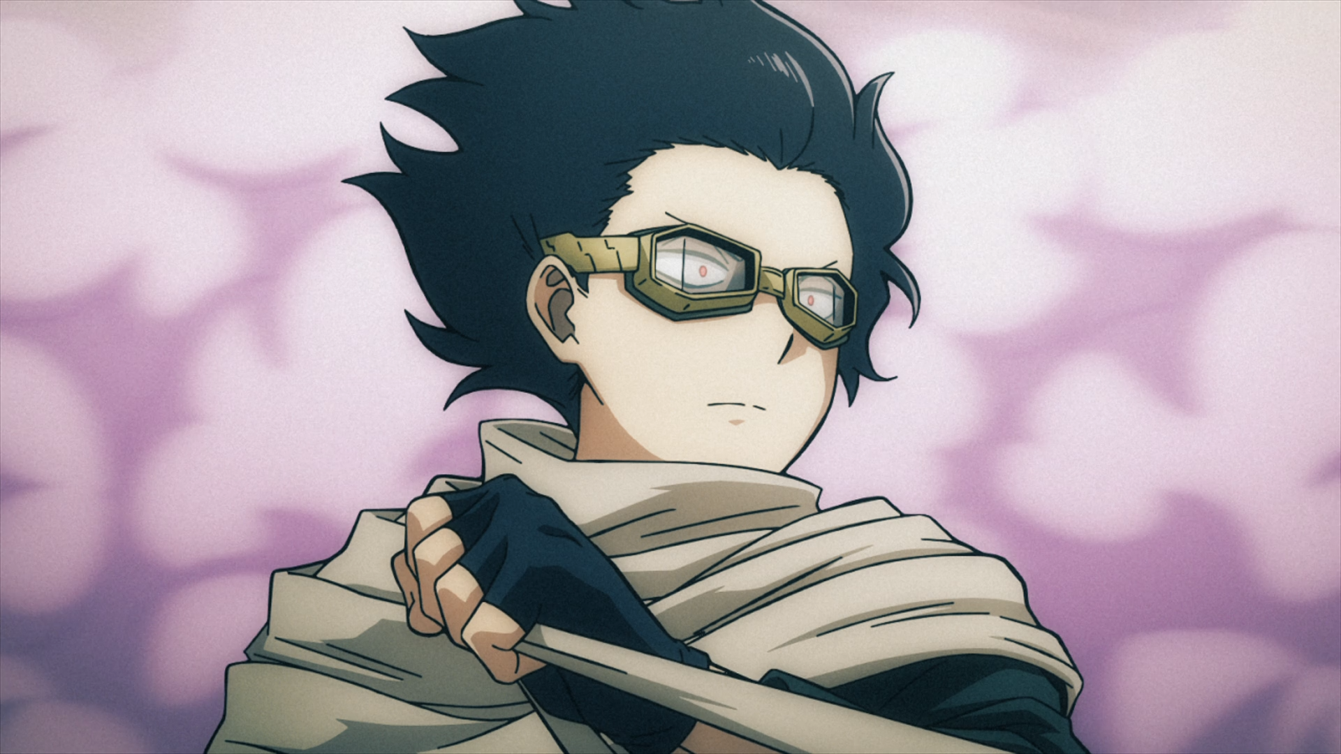 Anime HD PC wallpaper of Eraserhead (Shota Aizawa) from My Hero Academia / My Hero Academia: Vigilantes, scarf wrapped and goggles on against a soft purple bokeh background.