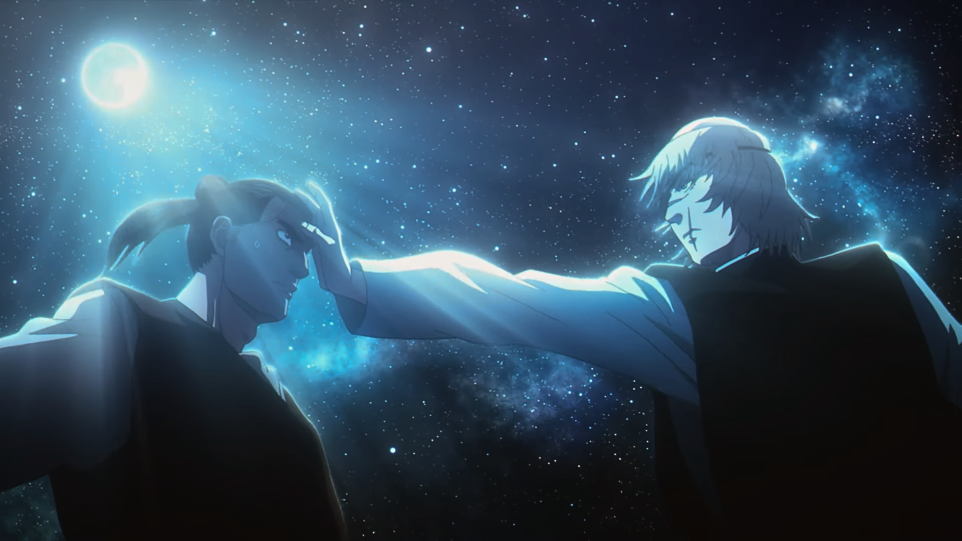 Anime 4K desktop wallpaper from Orb: On the Movements of the Earth — Bideni and Ochi at night, one placing a hand on the other's forehead beneath a glowing orb and starry sky.