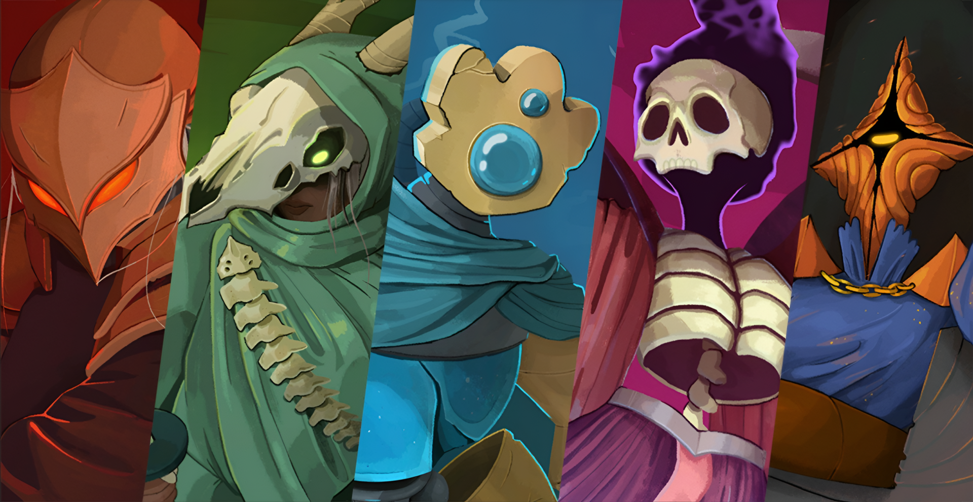 2K Quad HD PC wallpaper for the strategy indie game Slay the Spire 2 depicting stylized robed, skeletal and masked characters in vivid vertical panels.