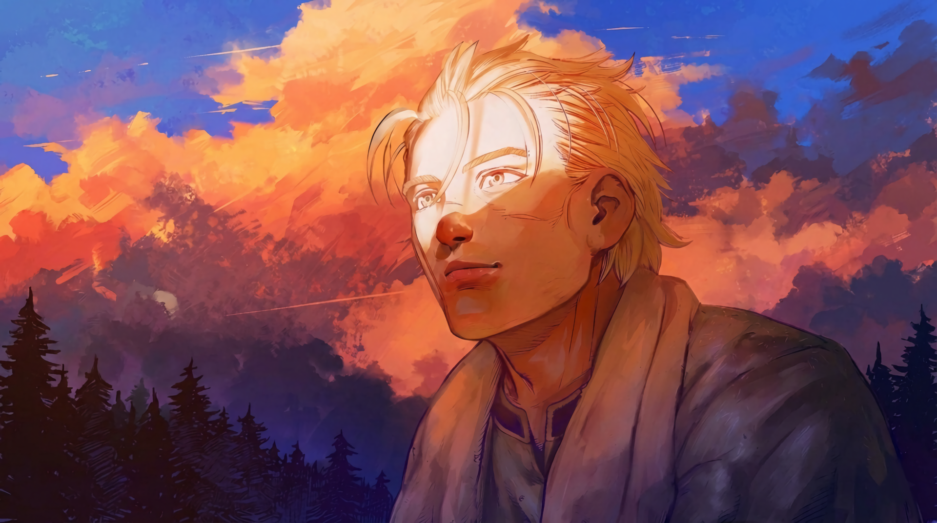 Vinland Saga Thorfinn anime portrait against a vivid sunset sky, warm light on his face, forest silhouette below — 2K Quad HD PC desktop wallpaper and background.