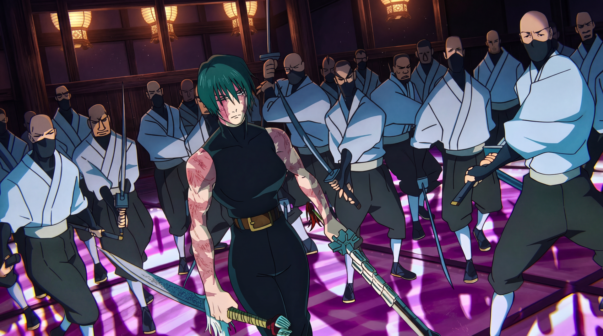 Maki Zenin from Jujutsu Kaisen Season 3, anime girl in battle wielding a katana among masked foes on a glowing purple floor — 5K Ultra HD PC desktop wallpaper.