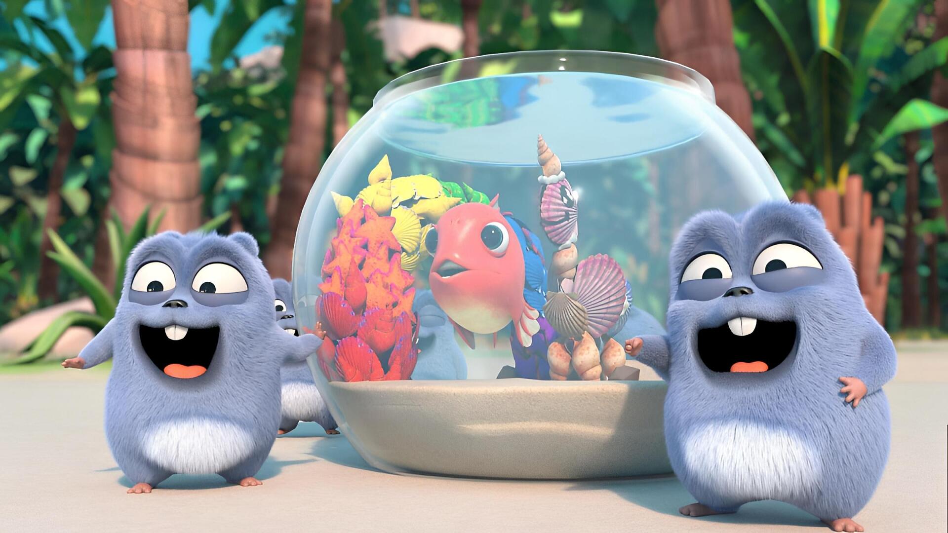 Grizzy and the Lemmings HD PC Desktop Wallpaper and Background: two grinning gray lemmings flank a fishbowl with a colorful fish and seashells on a sunny tropical beach.