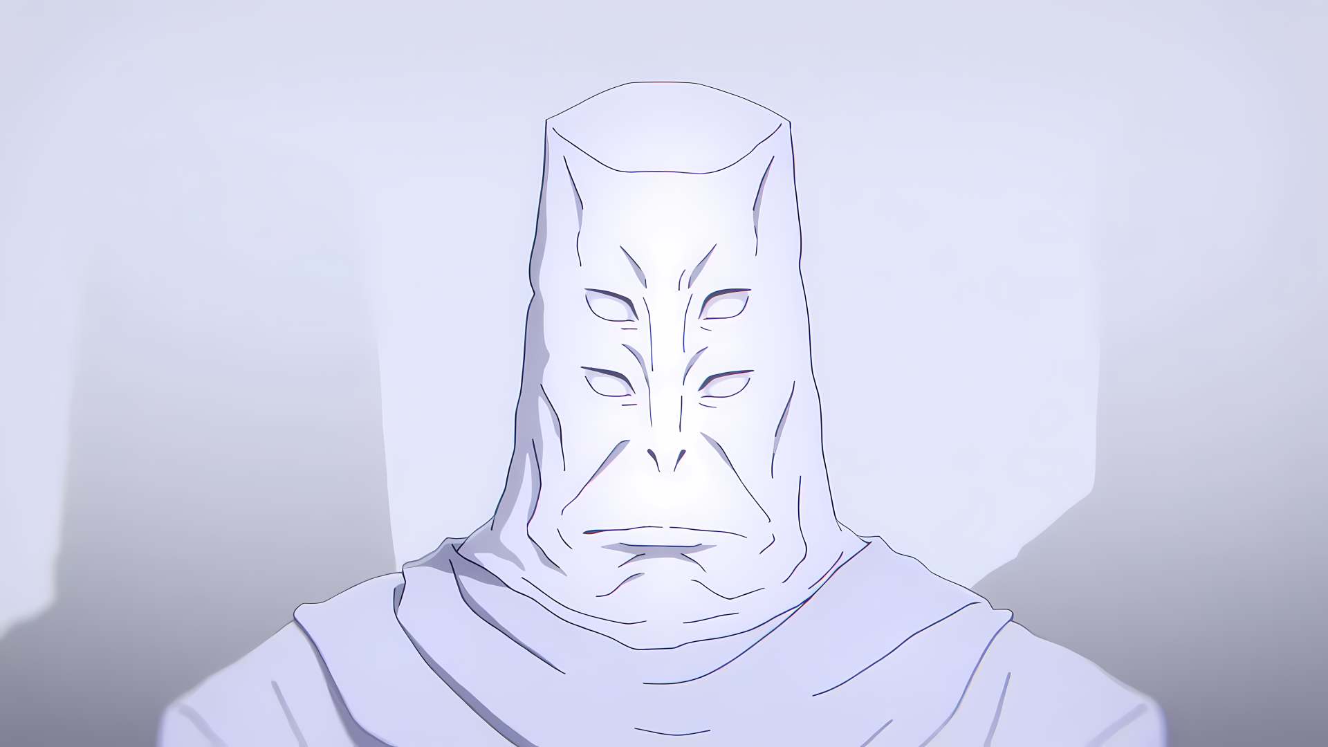 4K Ultra HD white anime wallpaper of Tengen from Jujutsu Kaisen 3rd Season — a stoic, masked figure with multiple eye-like markings against a pale, minimalist background.