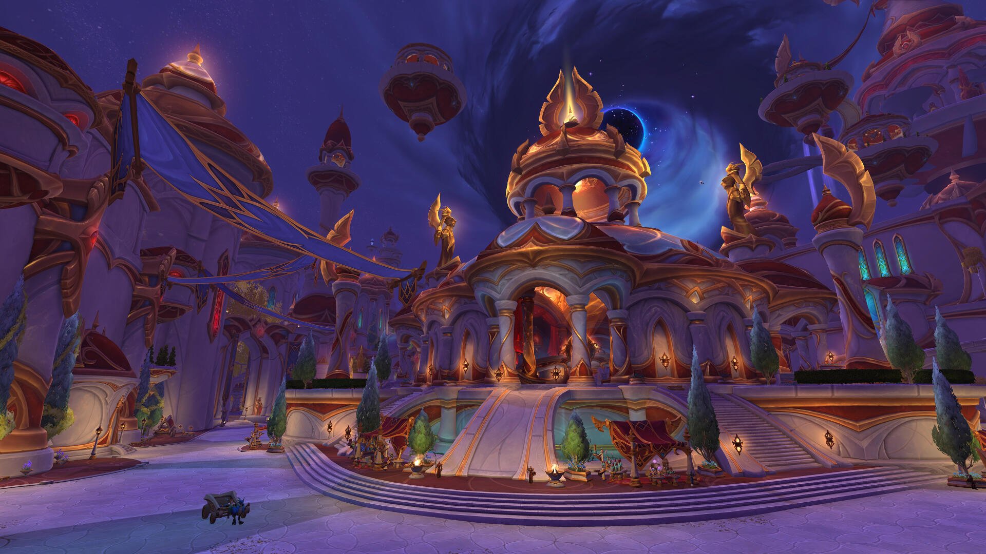 4K Ultra HD PC desktop wallpaper — World of Warcraft: Midnight palace, moonlit domed palace with floating towers and glowing arches in an MMORPG fantasy plaza.