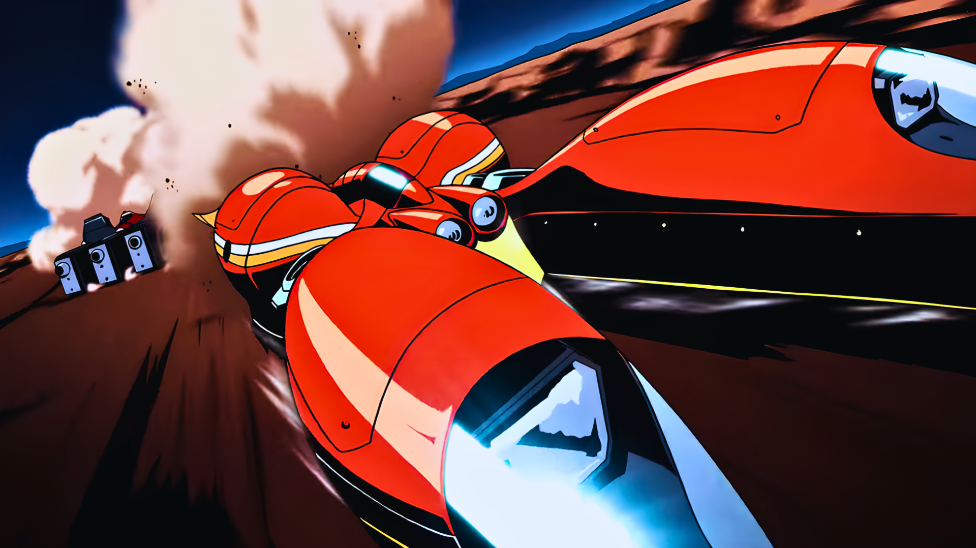 High-energy Redline anime wallpaper: Sonoshi Mclaren (Crab Sonoshi) in a sleek red racing craft, blazing through dust and speed lines as an HD PC desktop background.