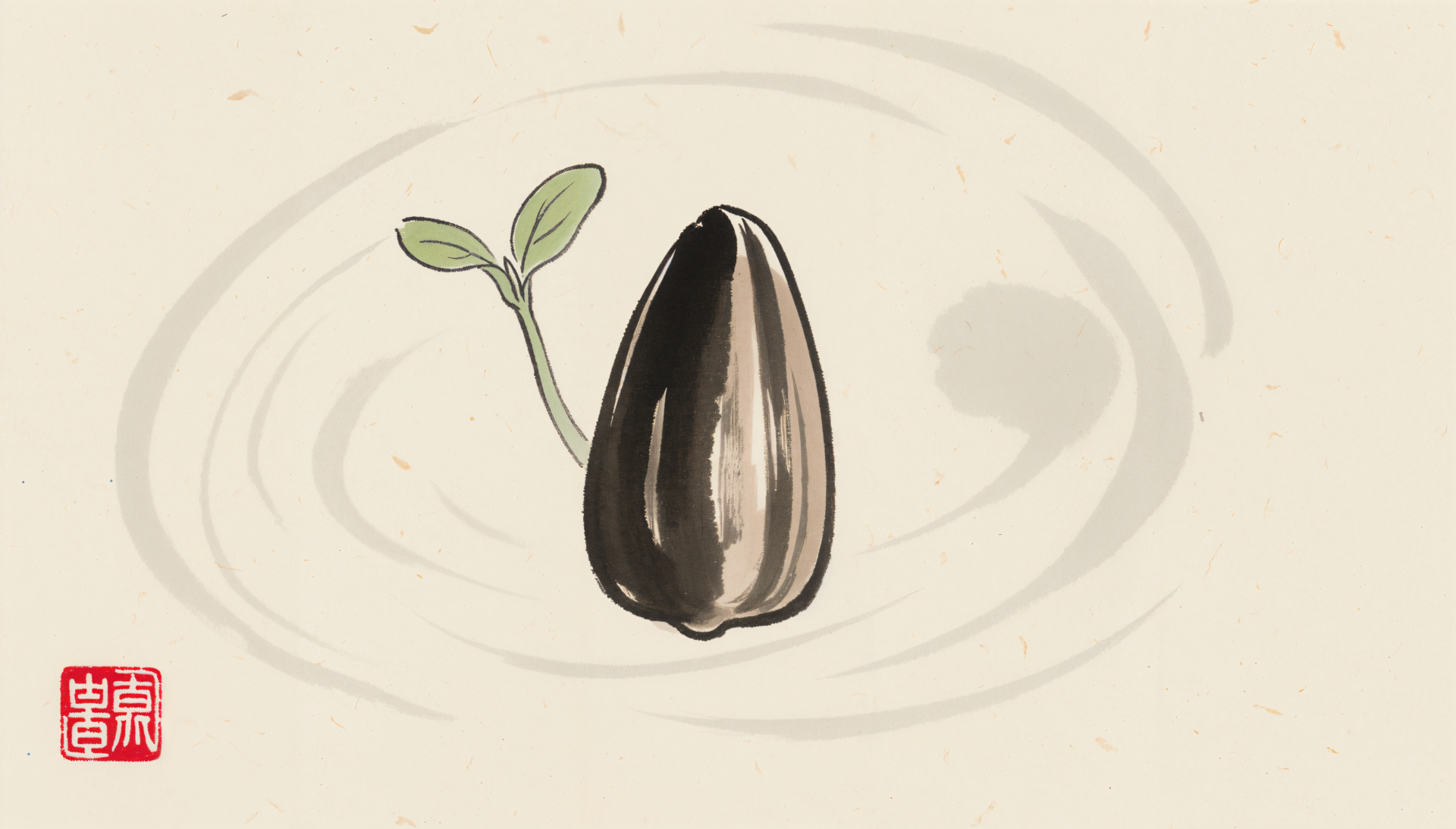 Minimal ink-style sunflower seed with a small green sprout on a beige canvas with circular brushstrokes — 4K Ultra HD PC desktop wallpaper.
