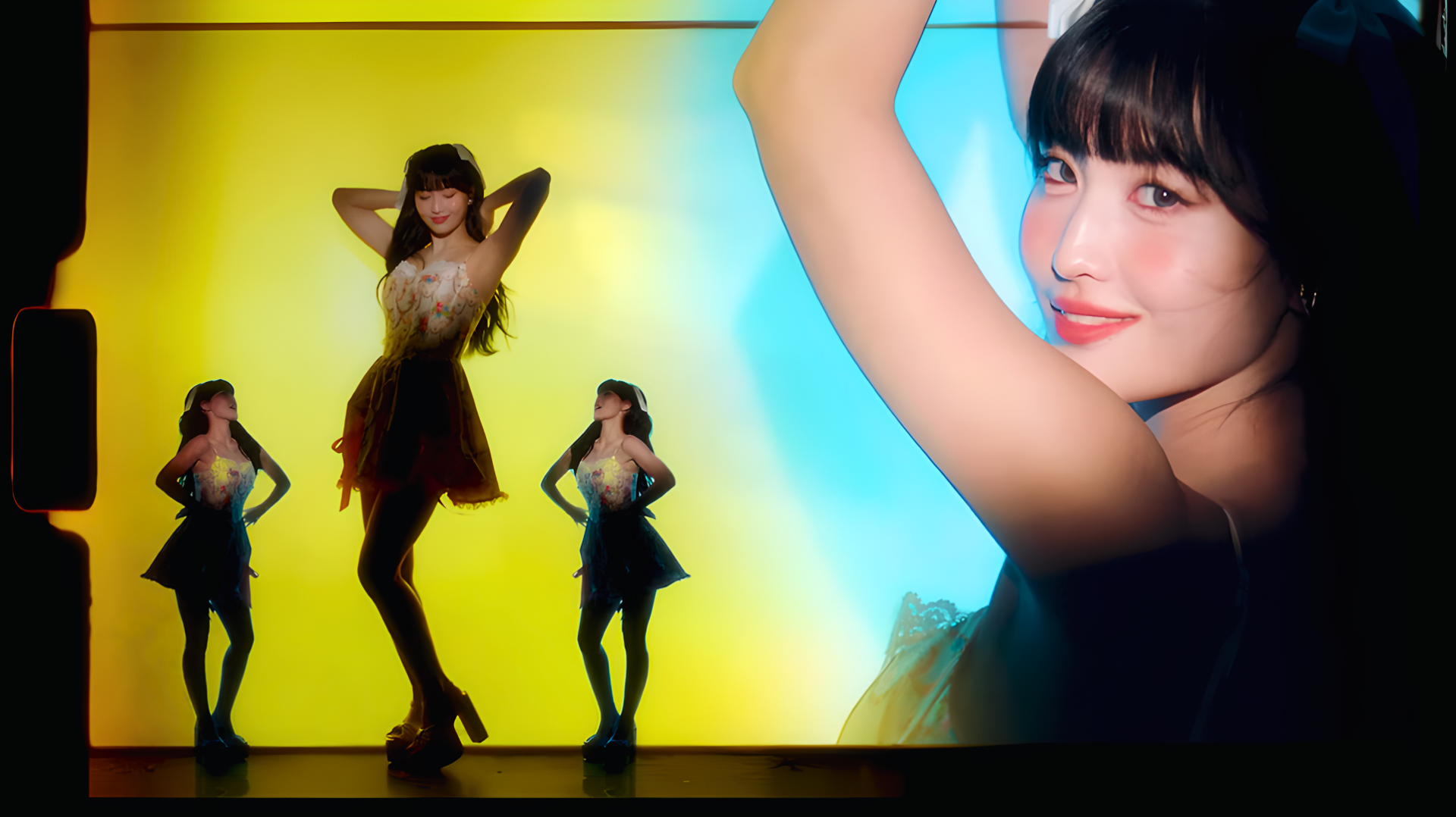 HD PC desktop wallpaper of a K-pop idol in a sparkly dress dancing on a colorful backlit stage, close-up portrait at right and three silhouetted dance poses at left.