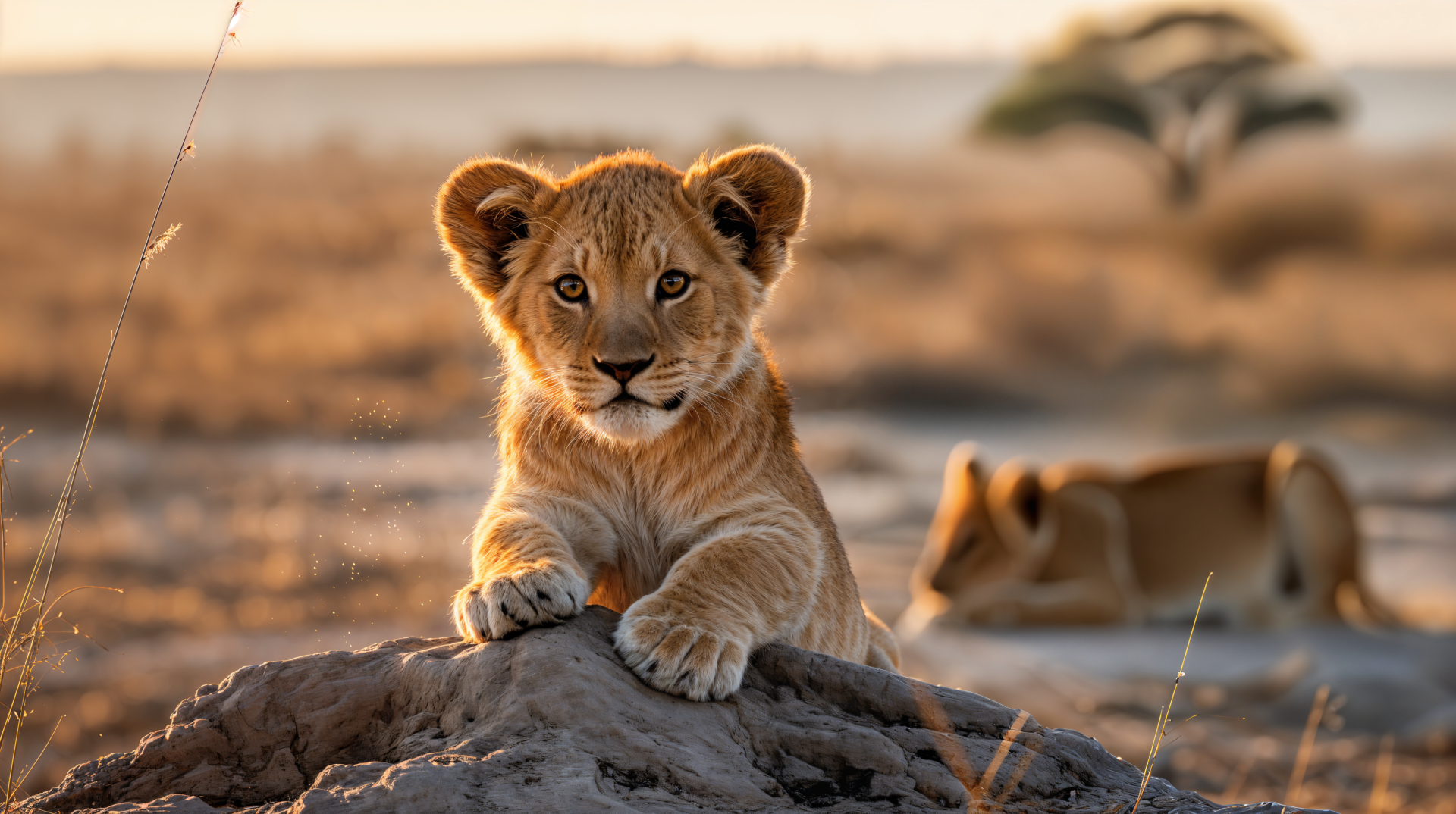 4K Ultra HD PC desktop wallpaper: a curious lion cub perched on a rock in golden savanna, with a blurred adult lion resting in the background.