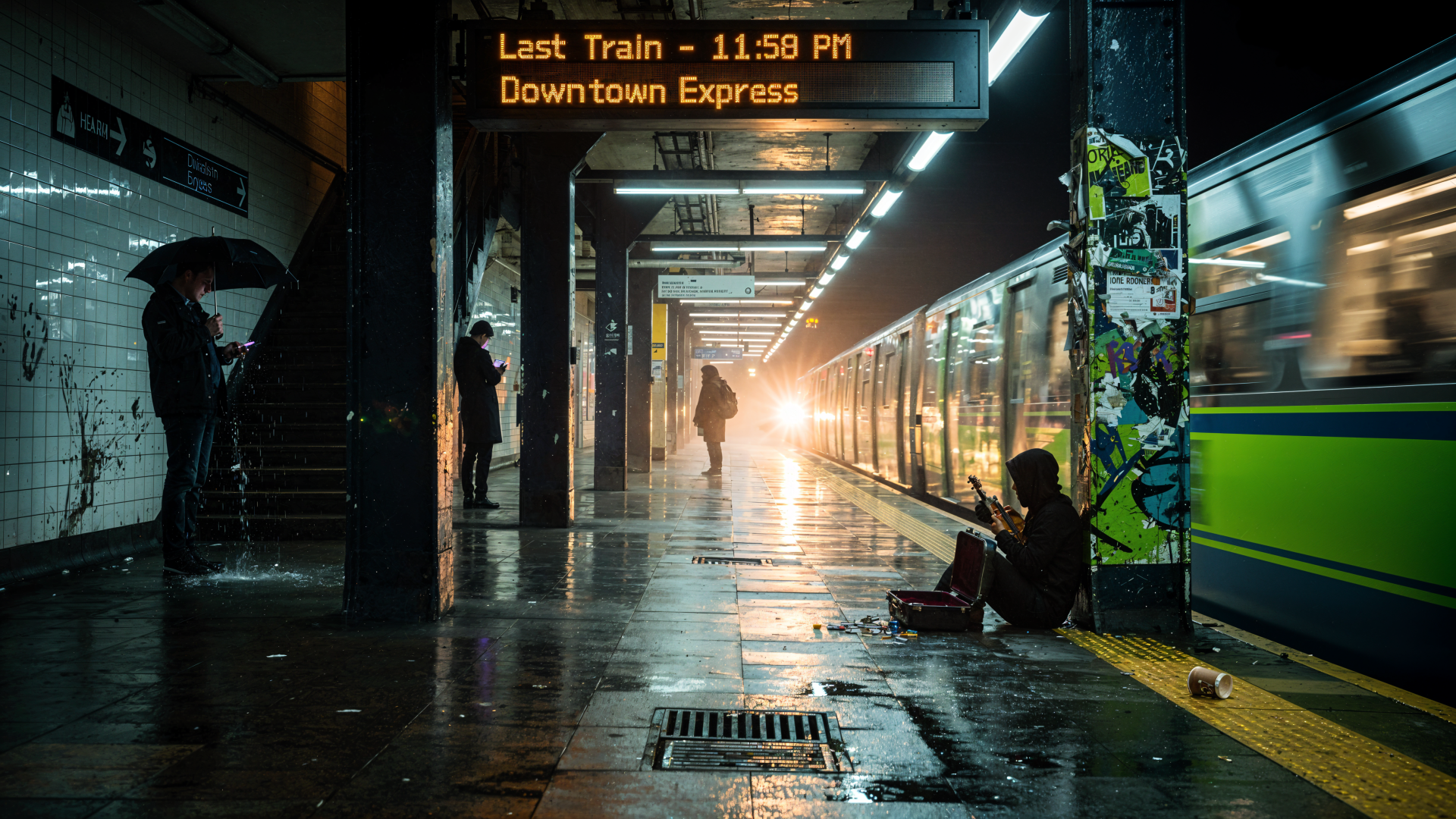 4K Ultra HD PC desktop wallpaper and background — rainy subway platform at night: silhouetted commuters, a passing train, a Last Train sign, warm lights reflecting on wet tiles.